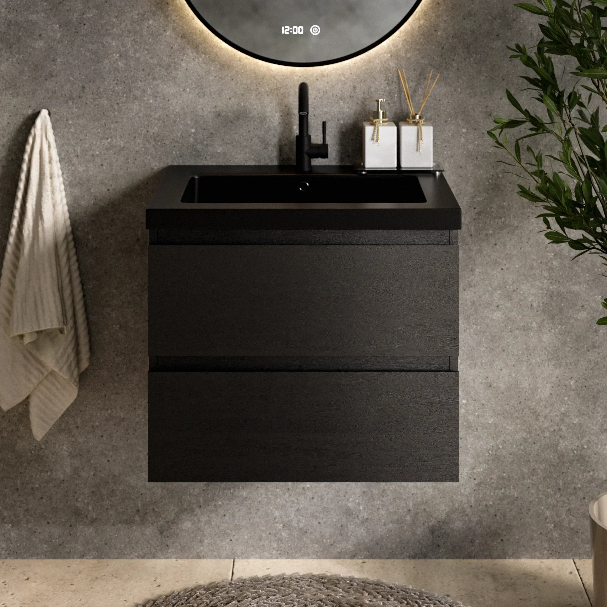 Badezimmermöbel Karo – 60 cm – Schwarzeiche – Schwarzes Waschbecken
