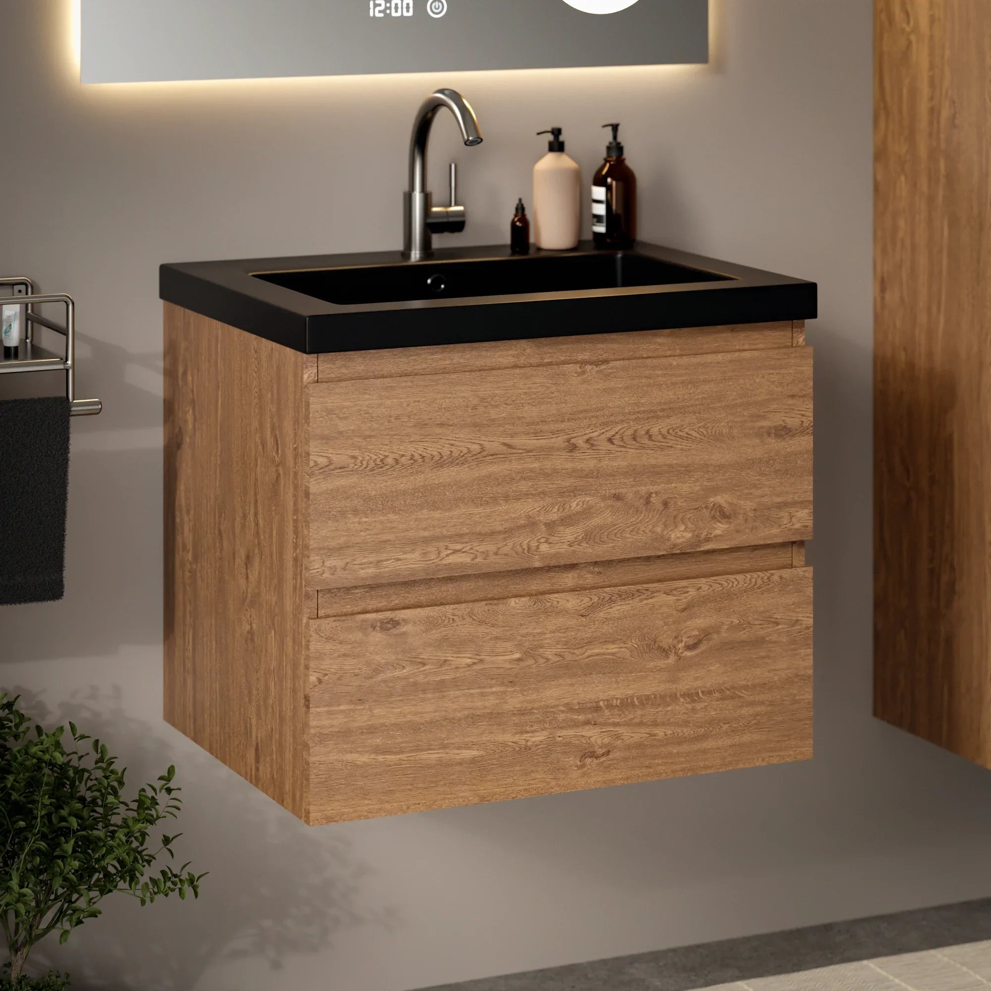 Badezimmermöbel Karo – 60 cm – Warmeiche – Schwarzes Waschbecken