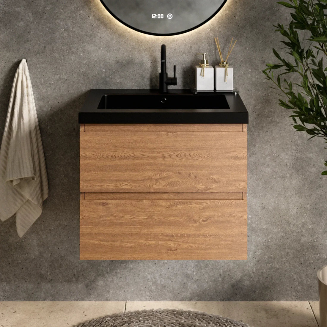 Badezimmermöbel Karo – 60 cm – Warm eiche – Schwarzes Waschbecken
