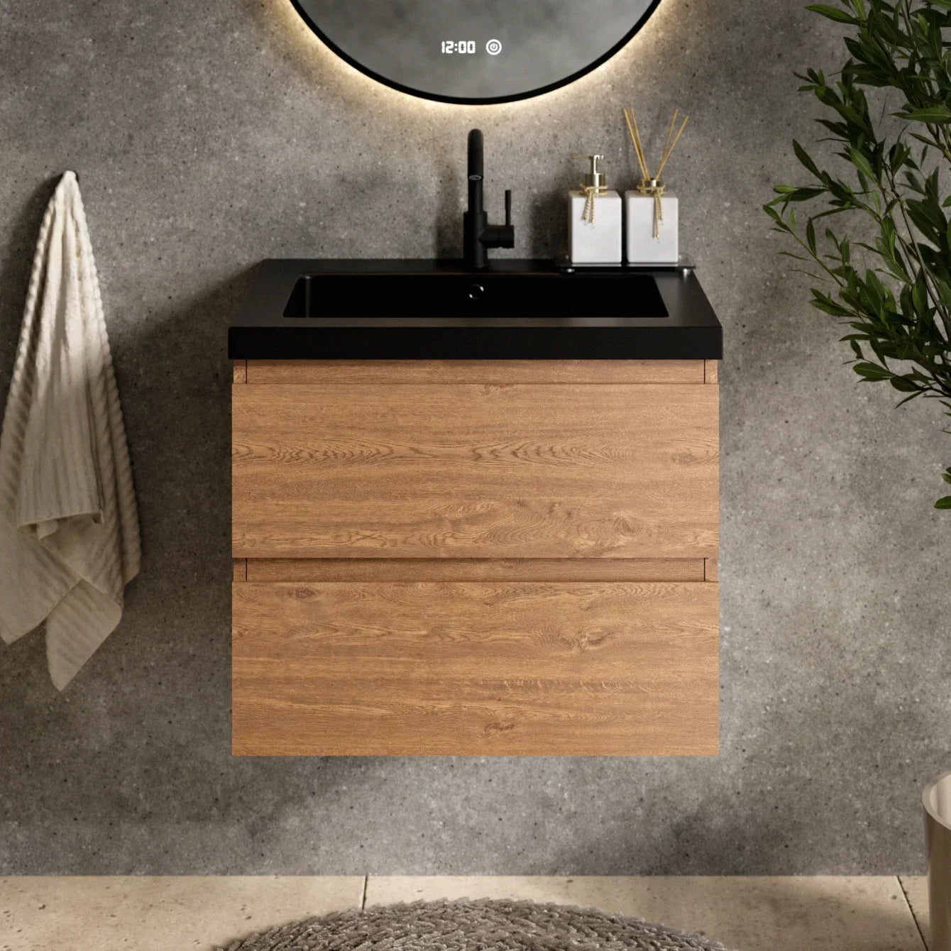 Badezimmermöbel Karo – 60 cm – Warmeiche – Schwarzes Waschbecken