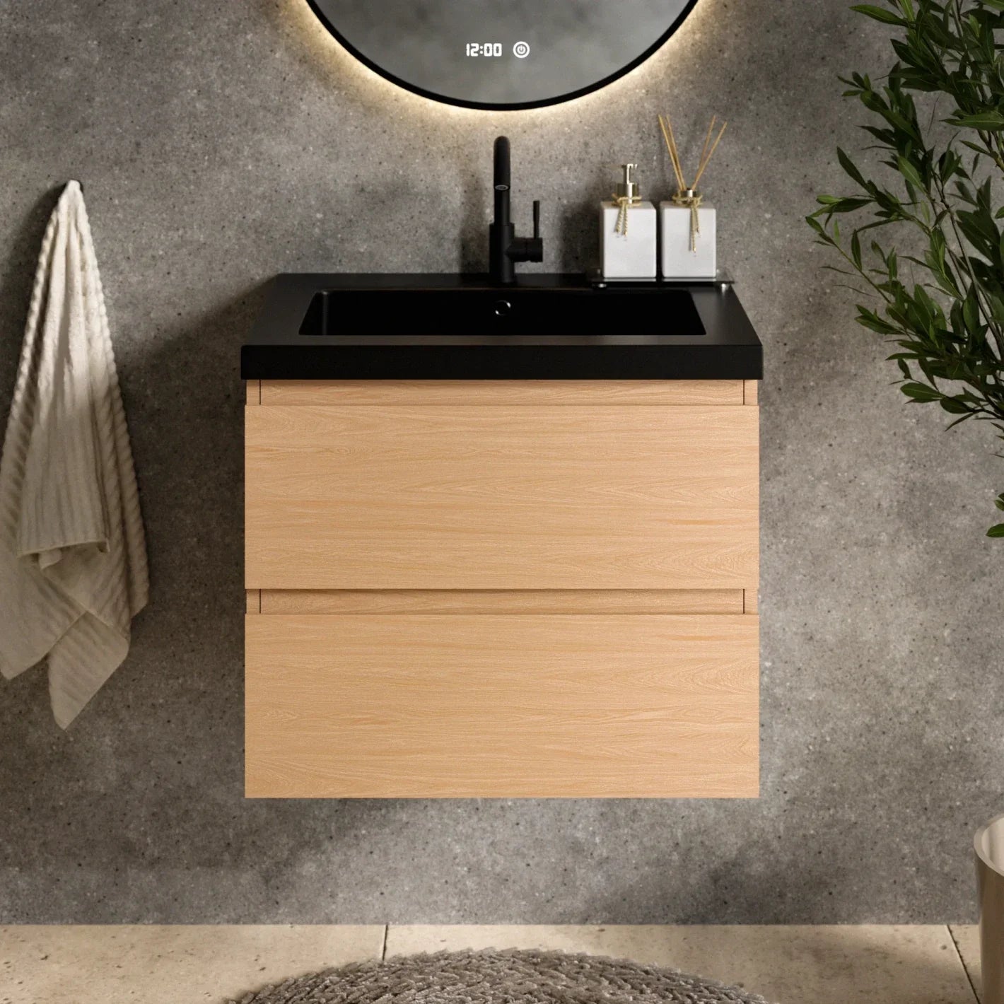 Badezimmermöbel Karo – 60 cm – Helleiche – Schwarzes Waschbecken