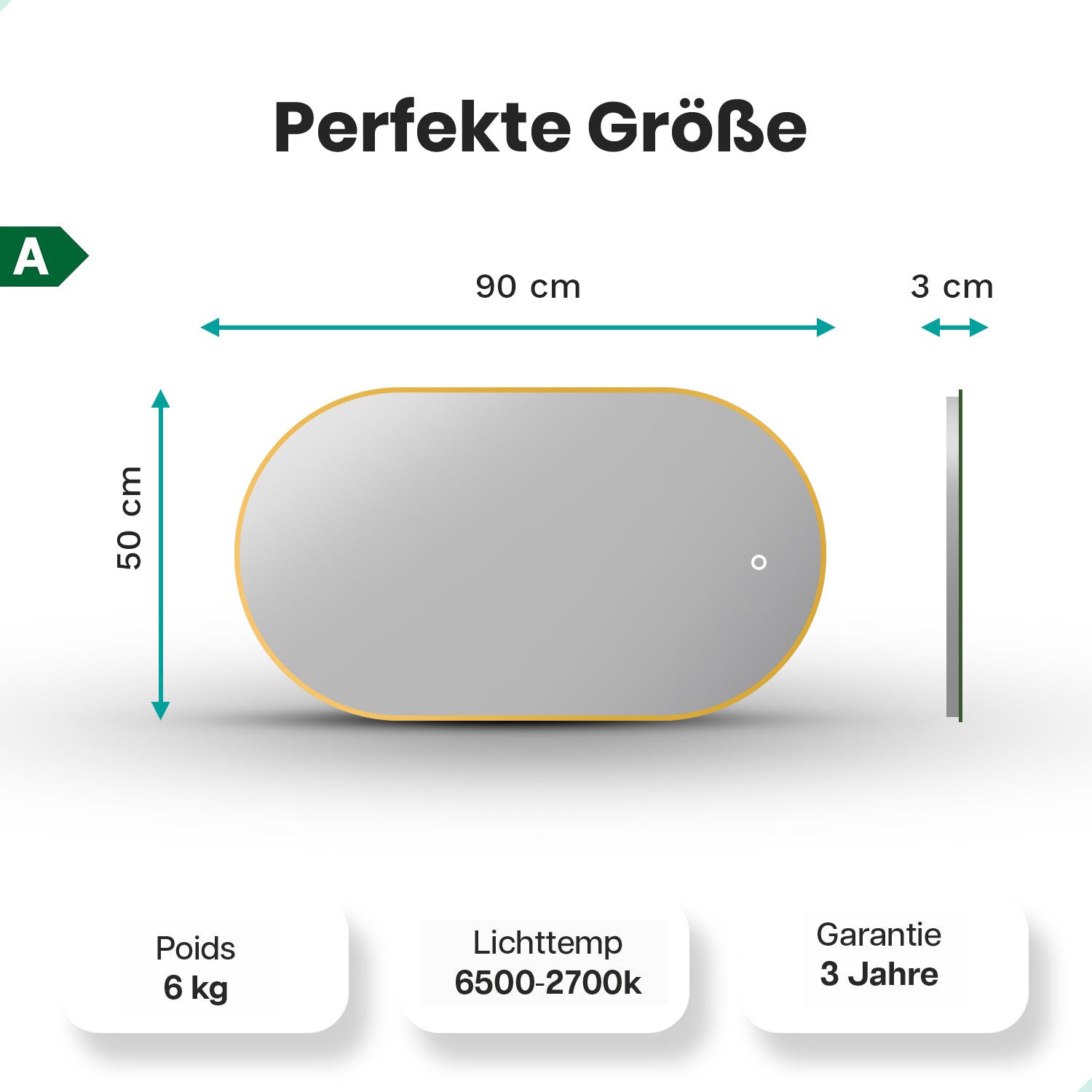Badezimmerspiegel – 90x50cm Oval – Gold Rahmen