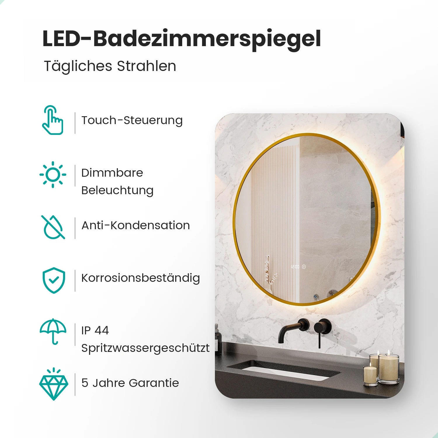 Badezimmerspiegel - Rund - 80 cm - Gold Rahmen