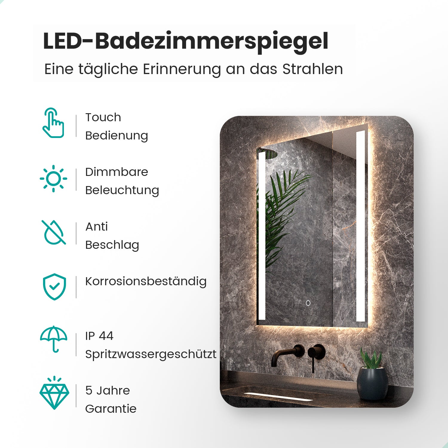 Badezimmerspiegel - 90x65 cm Rechteckig – Rahmenlos - Vorbestellen