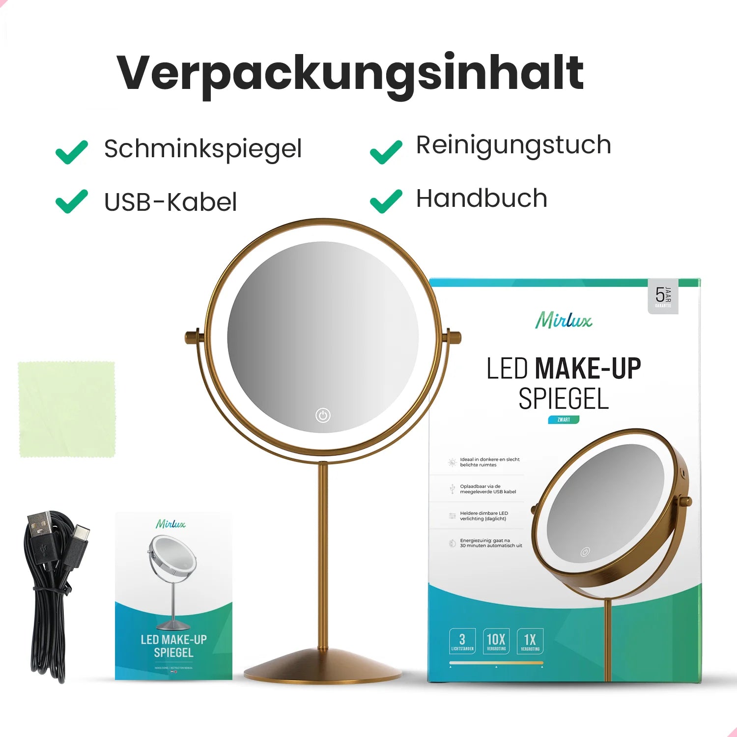Schminkspiegel – Stehend - Wiederaufladbar – Gold – 1-10-fache Vergrößerung