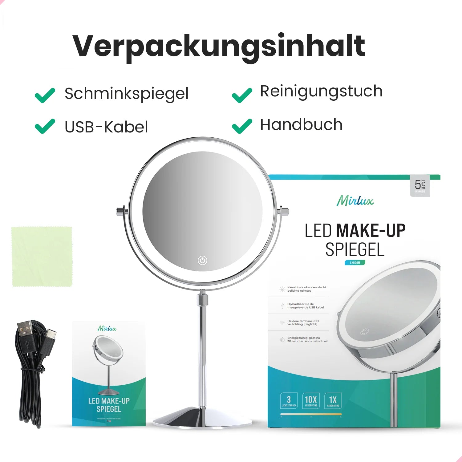 Schminkspiegel – Höhenverstellbar – Chrom – 1-10-fache Vergrößerung