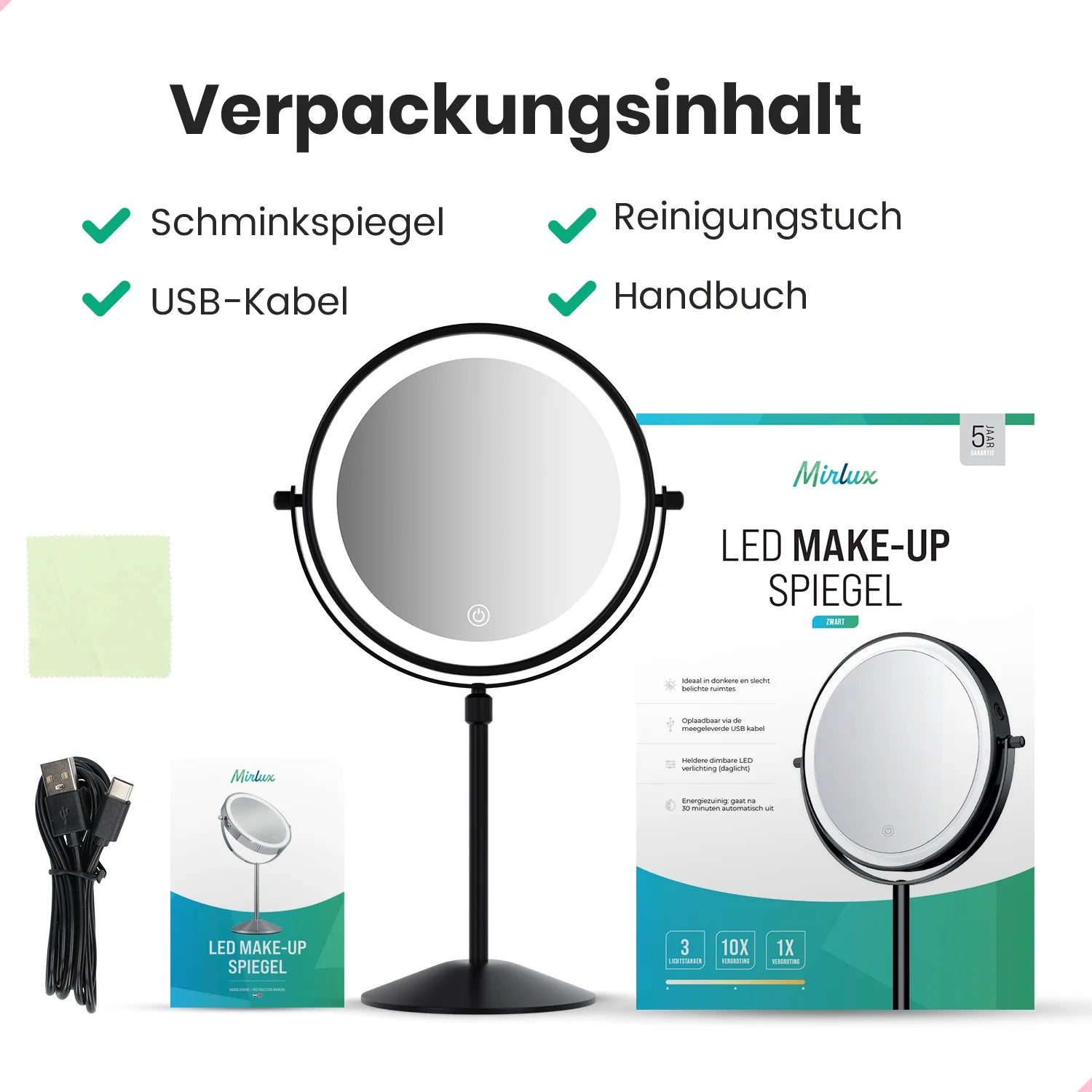Schminkspiegel – Höhenverstellbar – Schwarz – 1-10-fache Vergrößerung