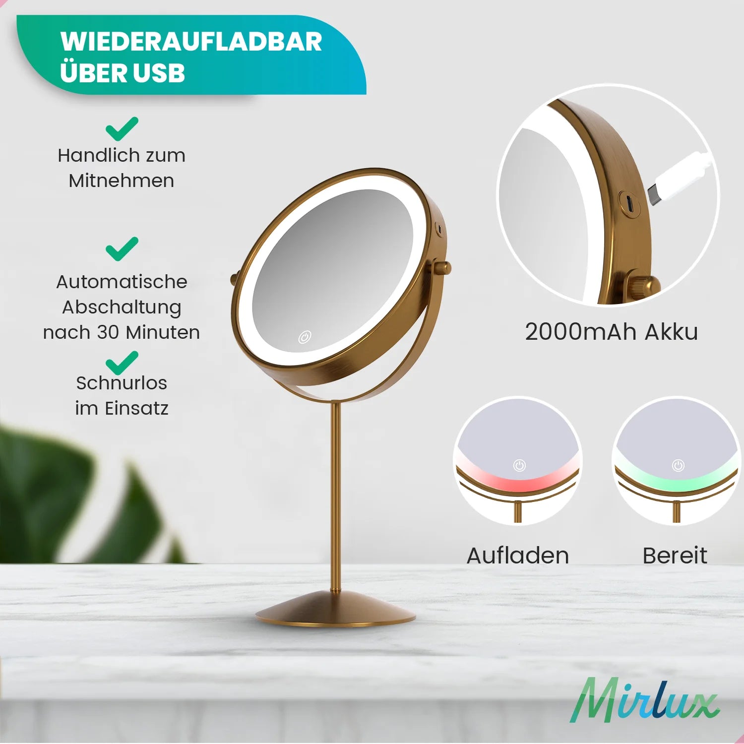 Schminkspiegel – Stehend - Wiederaufladbar – Gold – 1-10-fache Vergrößerung