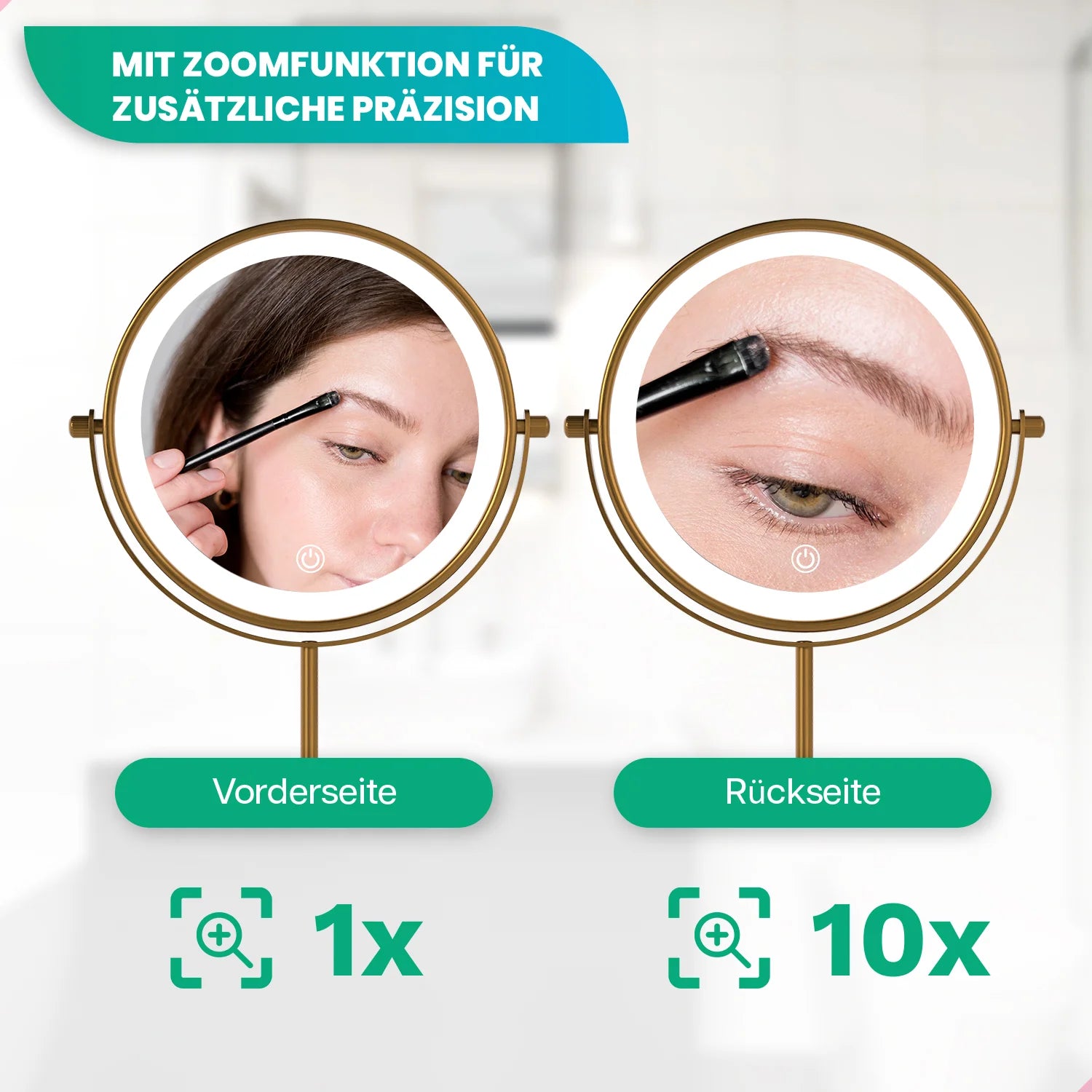 Schminkspiegel – Stehend - Wiederaufladbar – Gold – 1-10-fache Vergrößerung