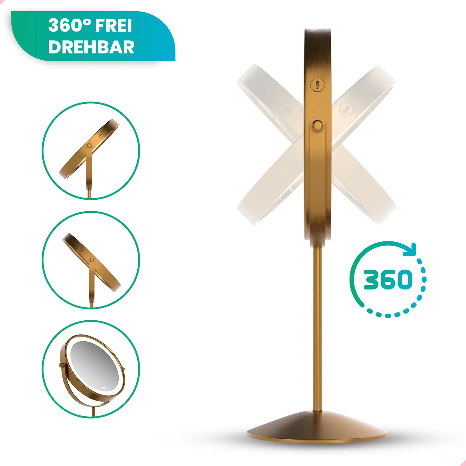 Schminkspiegel – Stehend - Wiederaufladbar – Gold – 1-10-fache Vergrößerung