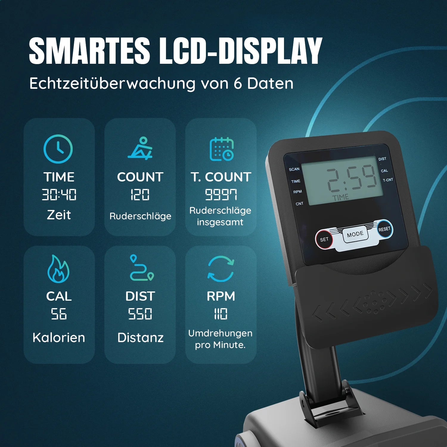 Rudergerät - 16 Widerstandsstufen - LCD-Bildschirm