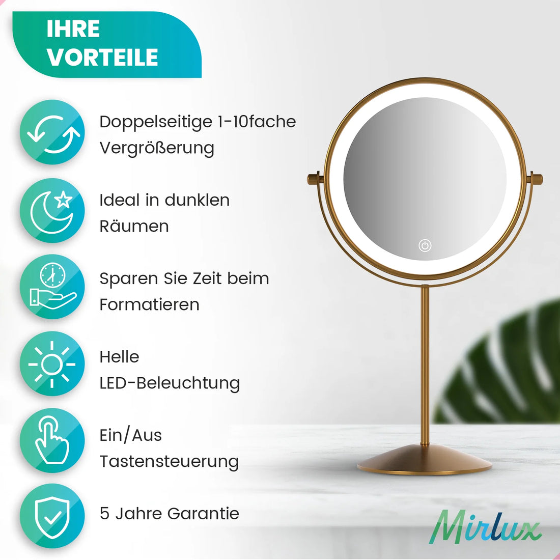 Schminkspiegel - Stehend - Wiederaufladbar - Gold - 1-10-fache Vergrößerung