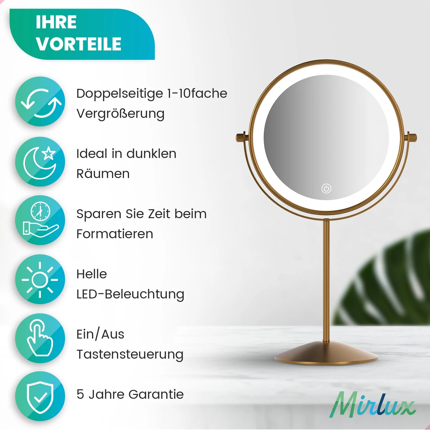 Schminkspiegel – Stehend - Wiederaufladbar – Gold – 1-10-fache Vergrößerung