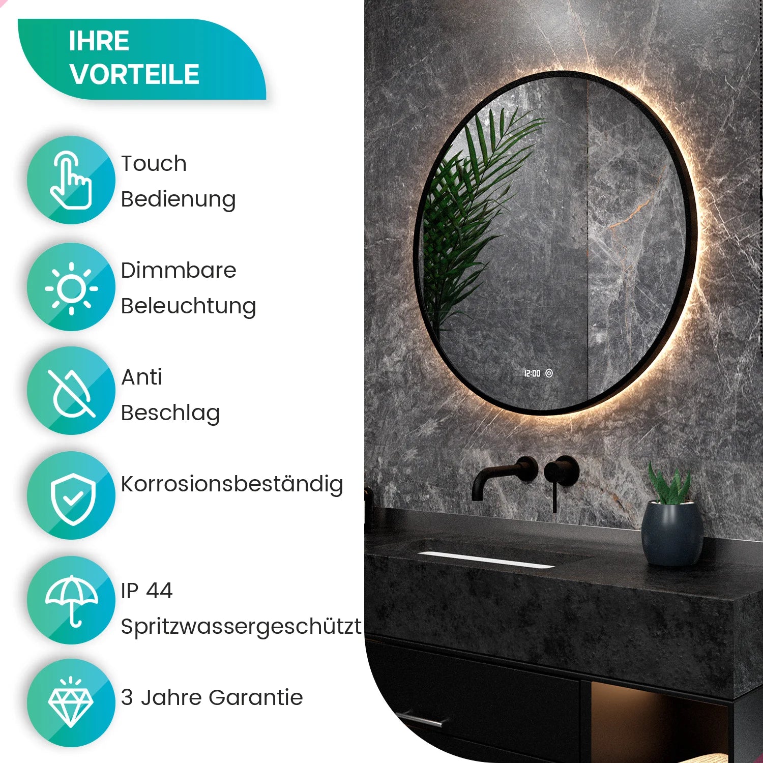 Badezimmerspiegel - Rund - 120 cm – Schwarzer Rahmen - Vorbestellen