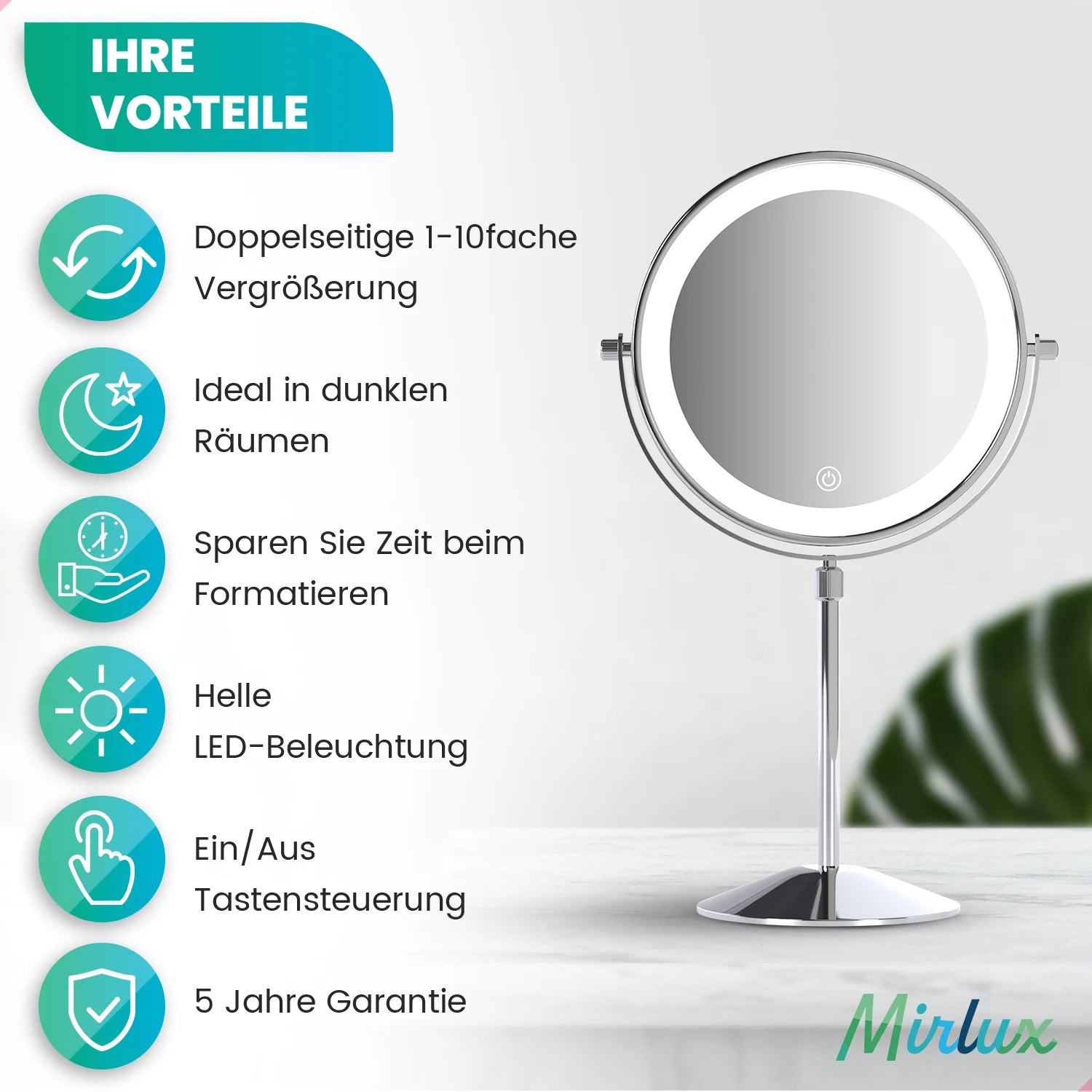 Schminkspiegel – Höhenverstellbar – Chrom – 1-10-fache Vergrößerung