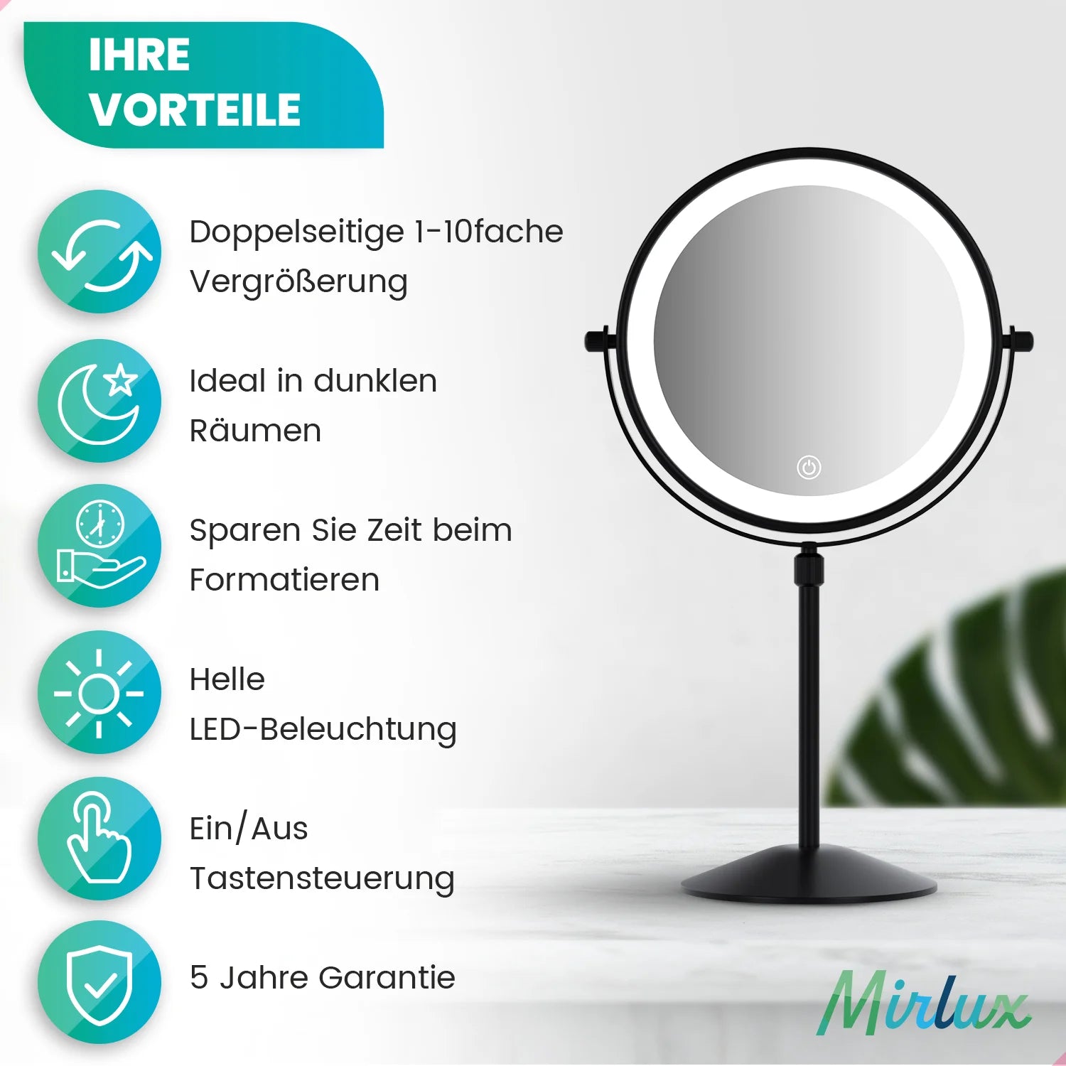 Schminkspiegel – Höhenverstellbar – Schwarz – 1-10-fache Vergrößerung