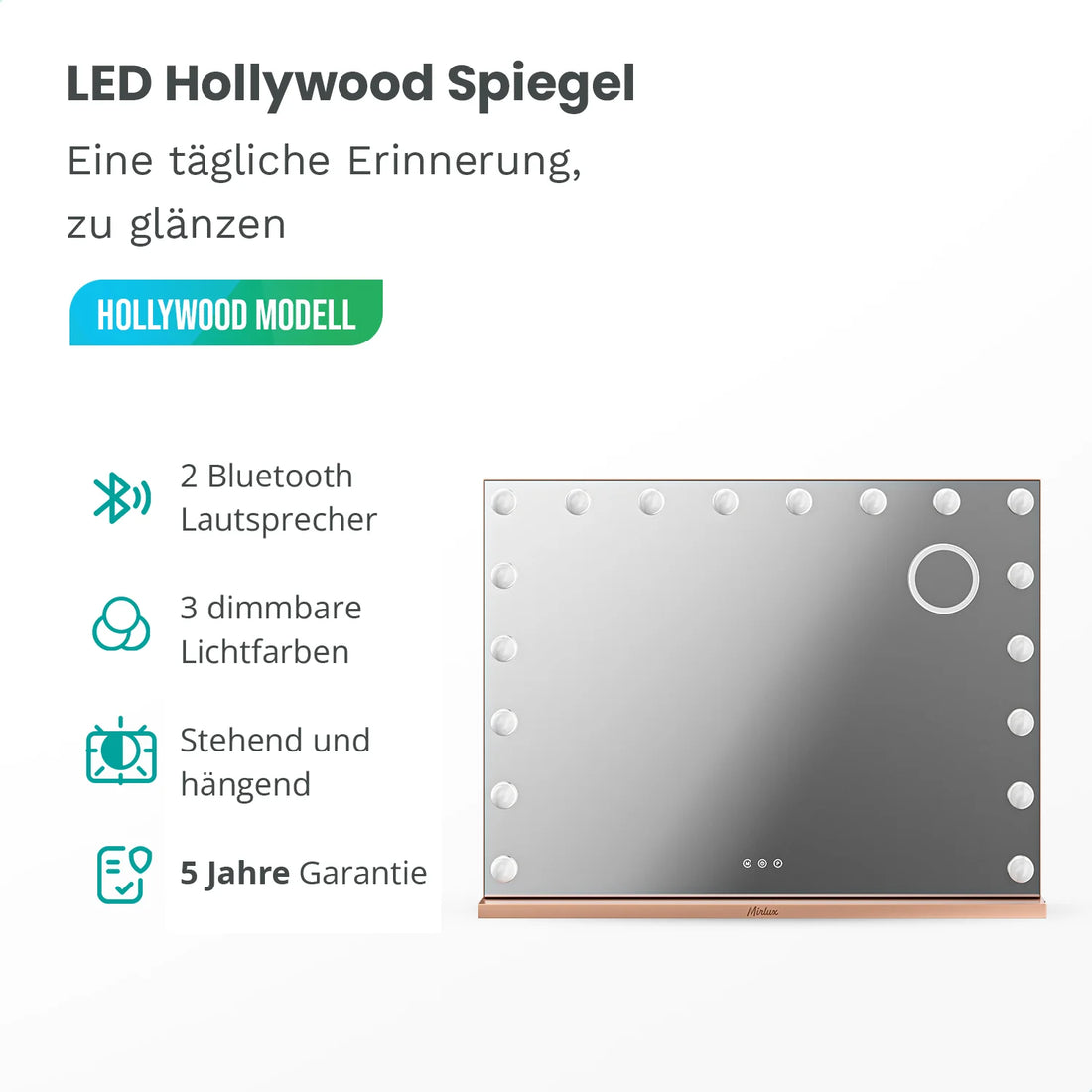 Hollywood Spiegel - Bluetooth-Lautsprecher - 80x60cm - Roségold-Pink