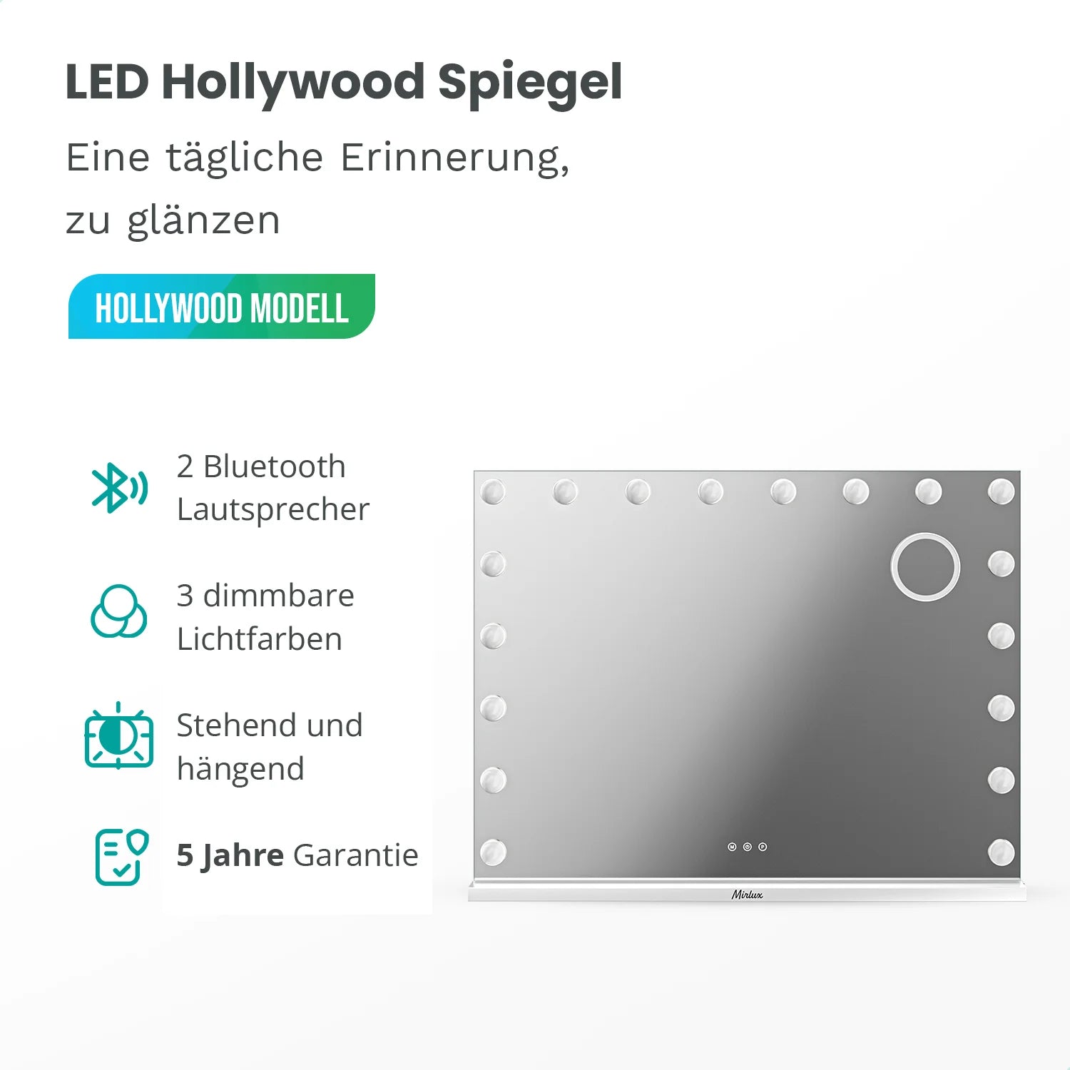 Hollywood Spiegel - Bluetooth-Lautsprecher - 80x60cm - Weiß