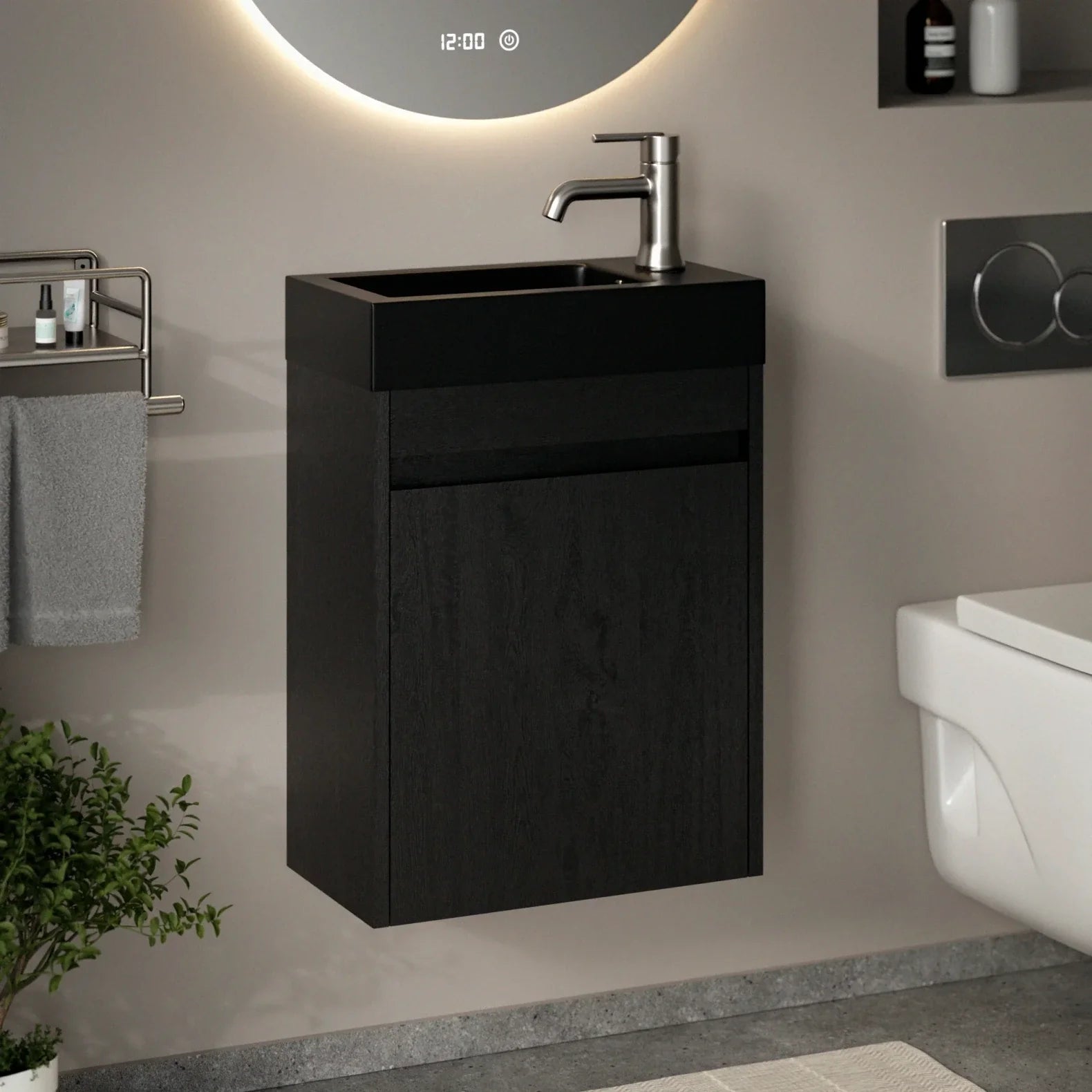 Gäste-WC-Möbel Elen – 40 cm – Schwarze Eiche - Schwarzes Waschbecken - Vorbestellen