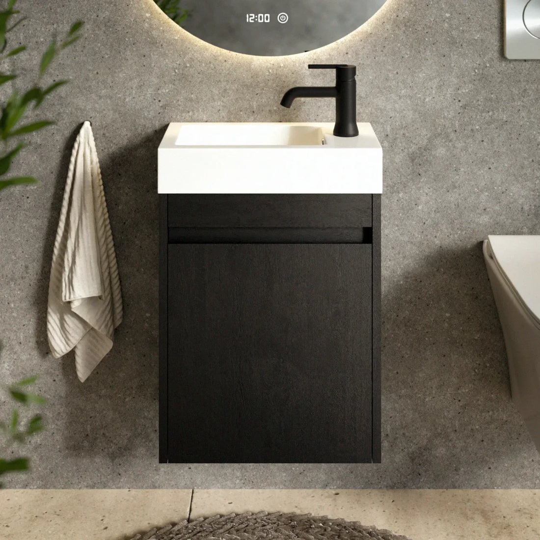 Gäste-WC-Möbel Vivo – 40 cm – Schwarze Eiche – Weißes Waschbecken