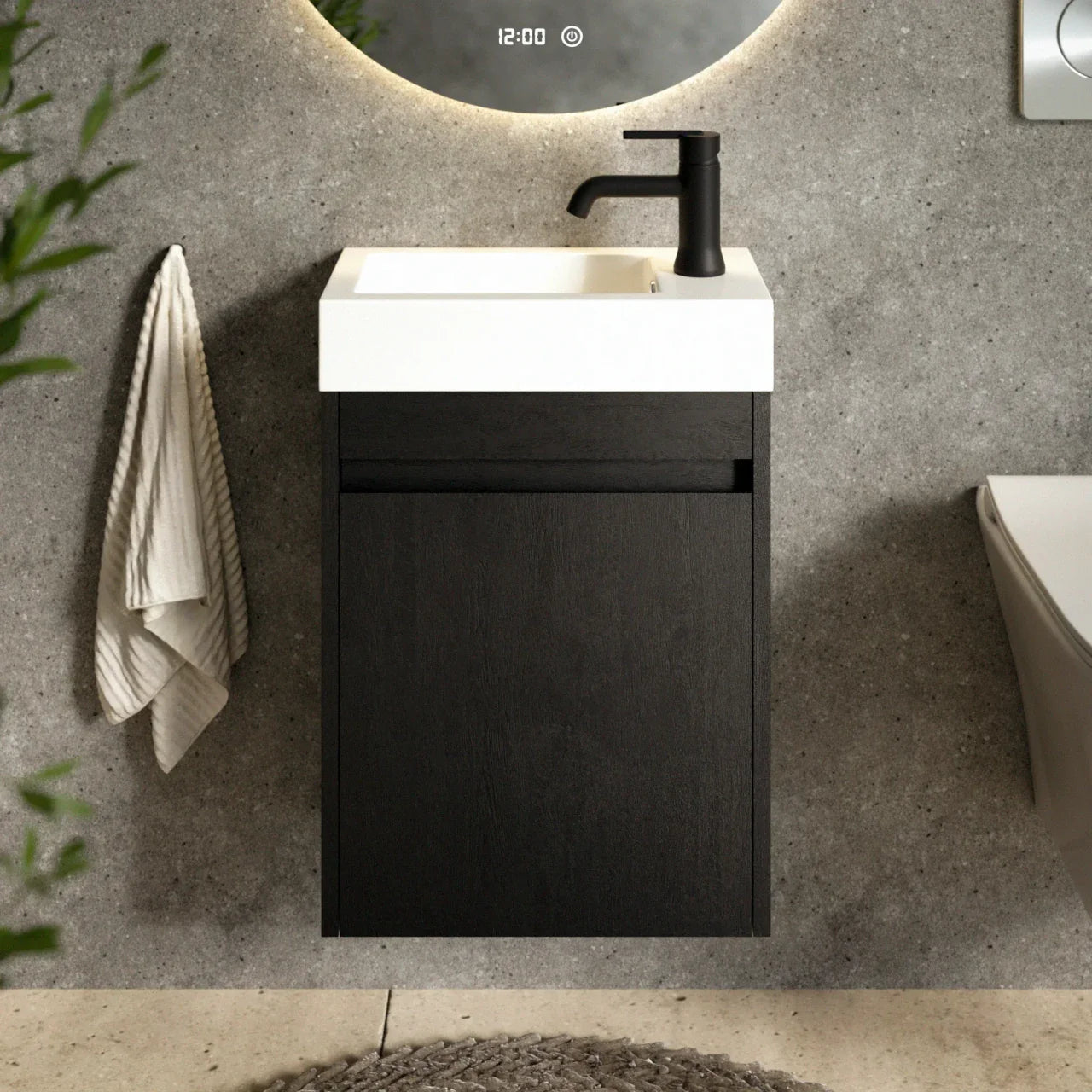 Gäste-WC-Möbel Vivo – 40 cm – Schwarze Eiche – Weißes Waschbecken