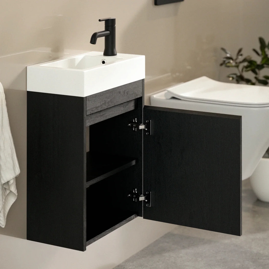 Gäste-WC-Möbel Vivo – 40 cm – Schwarze Eiche – Weißes Waschbecken