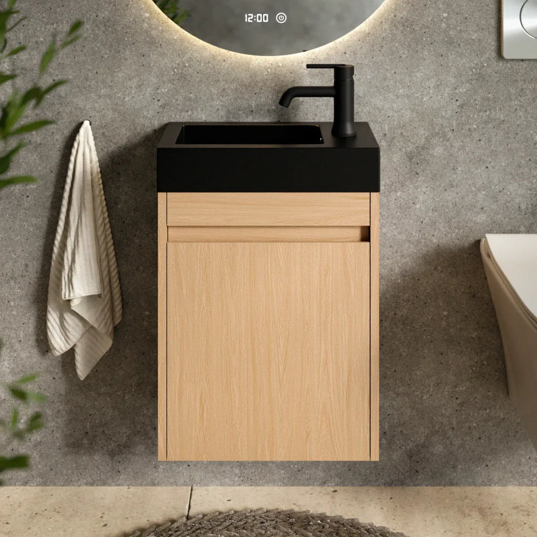 Gäste-WC-Möbel Elen – 40 cm – Helle Eiche – Schwarzes Waschbecken