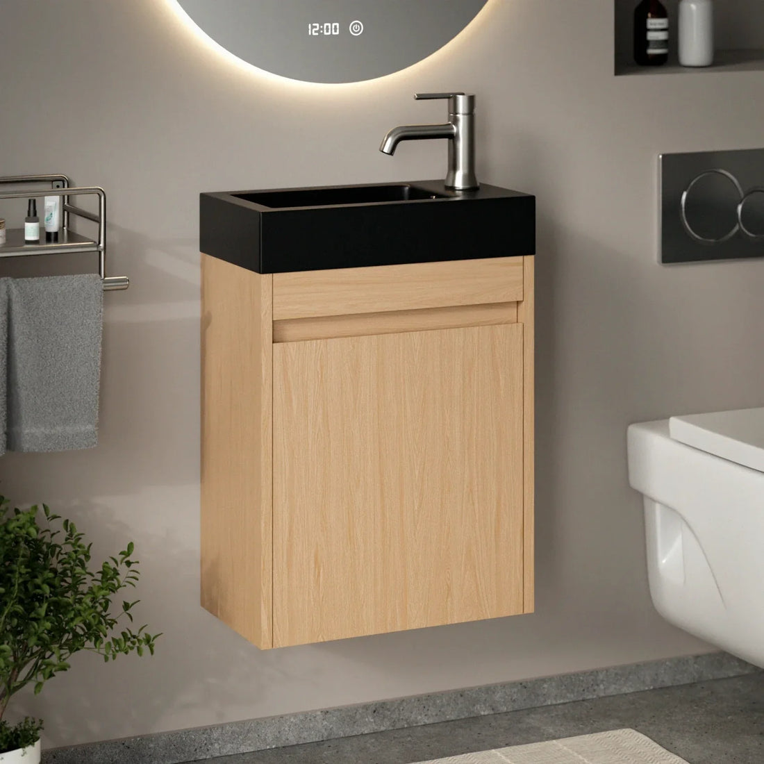 Gäste-WC-Möbel Elen – 40 cm – Helle Eiche – Schwarzes Waschbecken