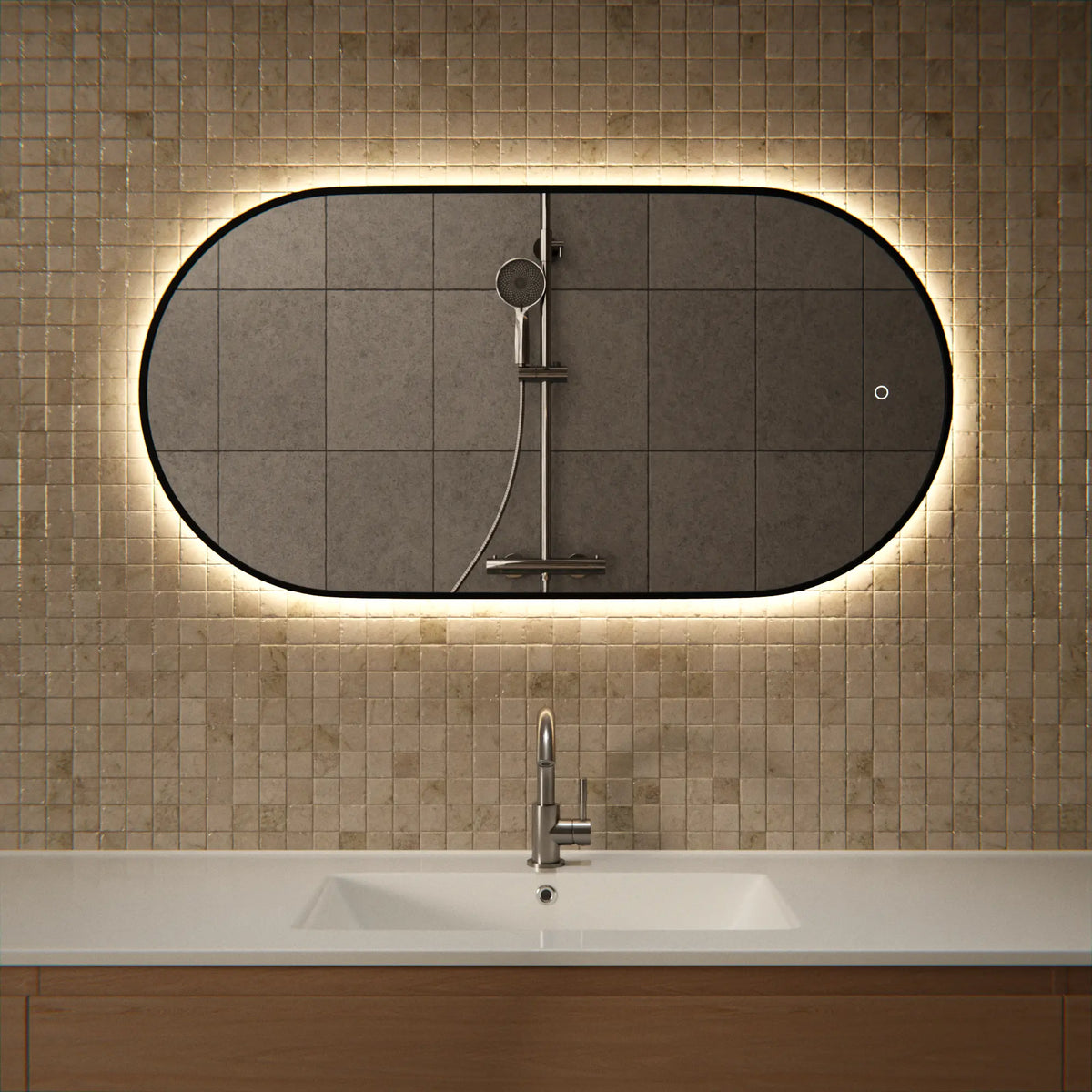 Badezimmerspiegel - 100x50cm - Schwarzer Rahmen - Oval