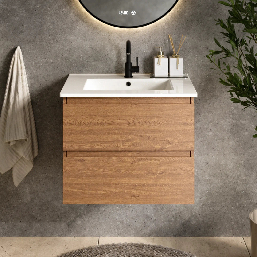 Badezimmermöbel Norvi - 60 cm - Warme Eiche - Weißes Waschbecken