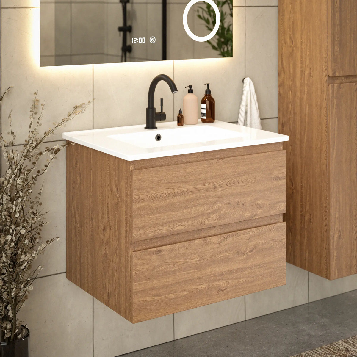 Badezimmermöbel Norvi - 60 cm - Warme Eiche - Weißes Waschbecken