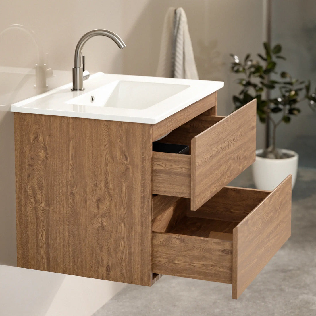 Badezimmermöbel Norvi - 60 cm - Warme Eiche - Weißes Waschbecken
