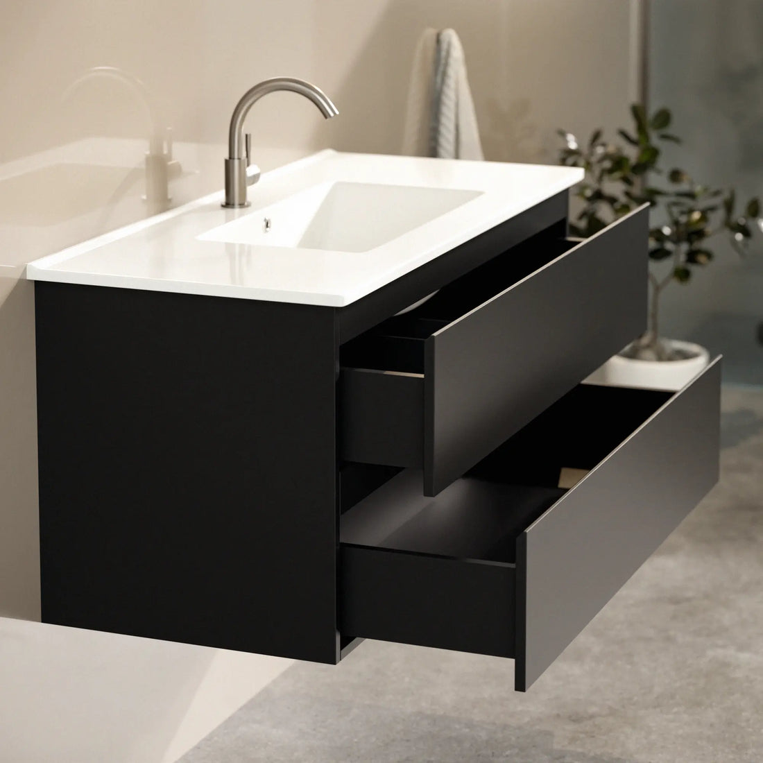 Badezimmermöbel Varo – 100 cm – Schwarz - Weißes Waschbecken