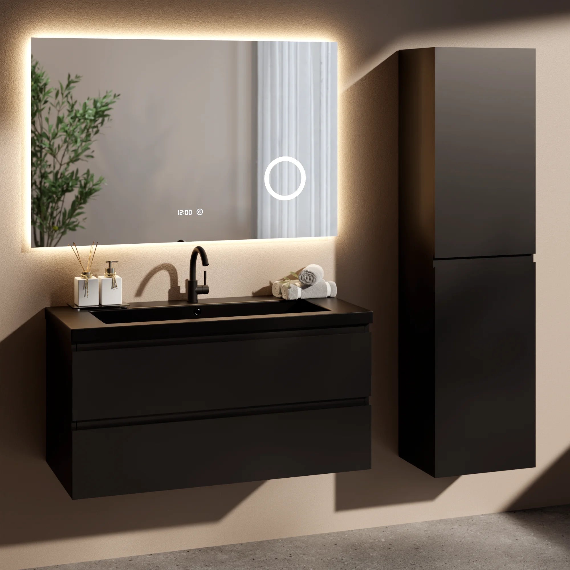 Badezimmermöbel Set Novara – 100 cm – Mattschwarz – Schwarzes Waschbecken