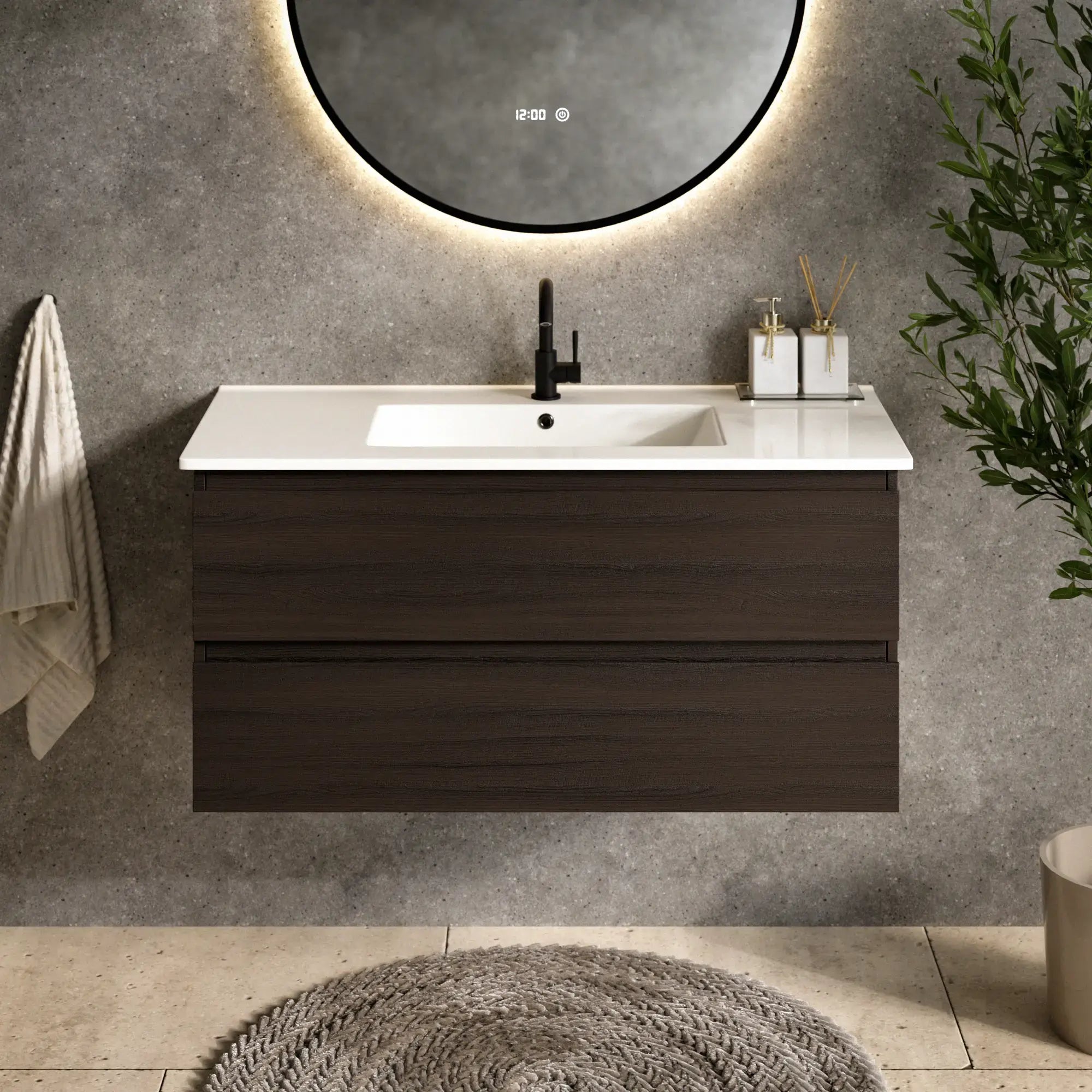 Badezimmermöbel Varo - 100 cm - Walnuss - Weißes Waschbecken - Vorbestellen