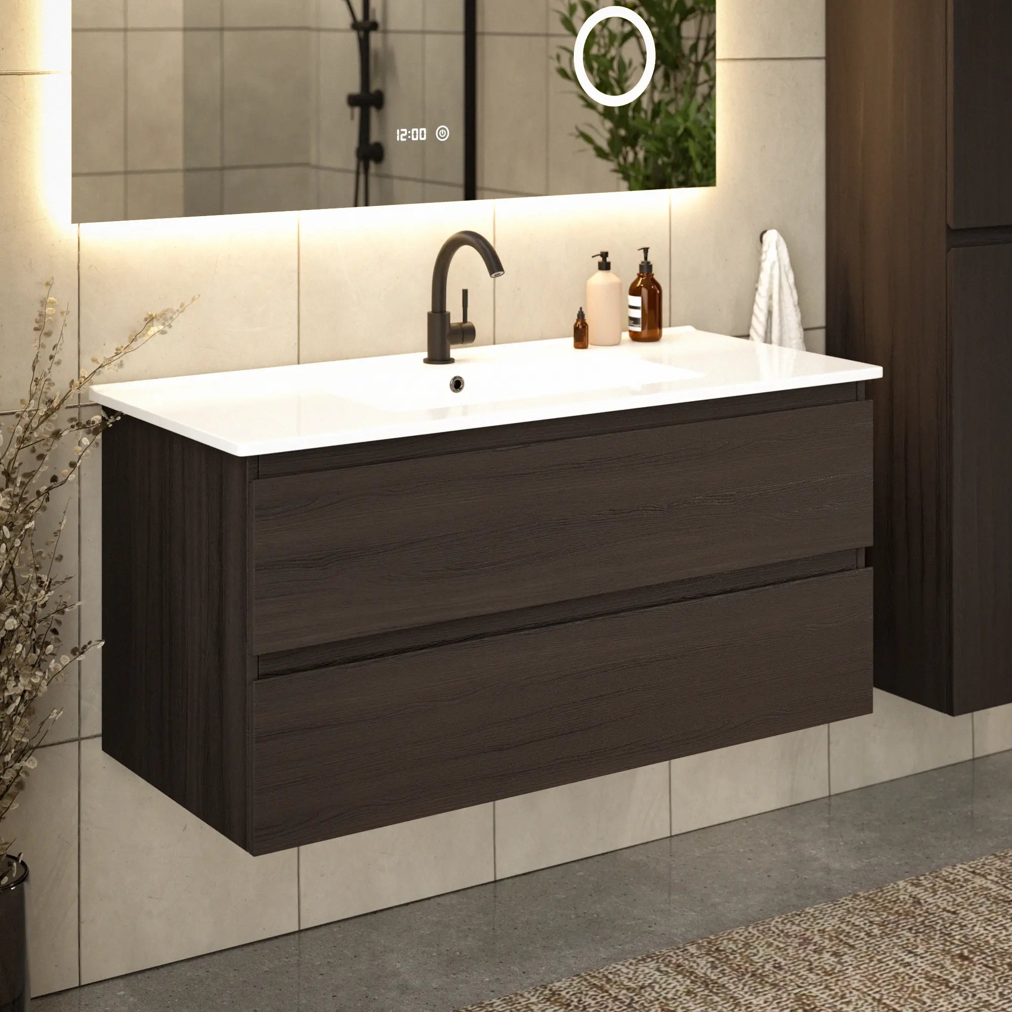 Badezimmermöbel Varo - 100 cm - Walnuss - Weißes Waschbecken - Vorbestellen