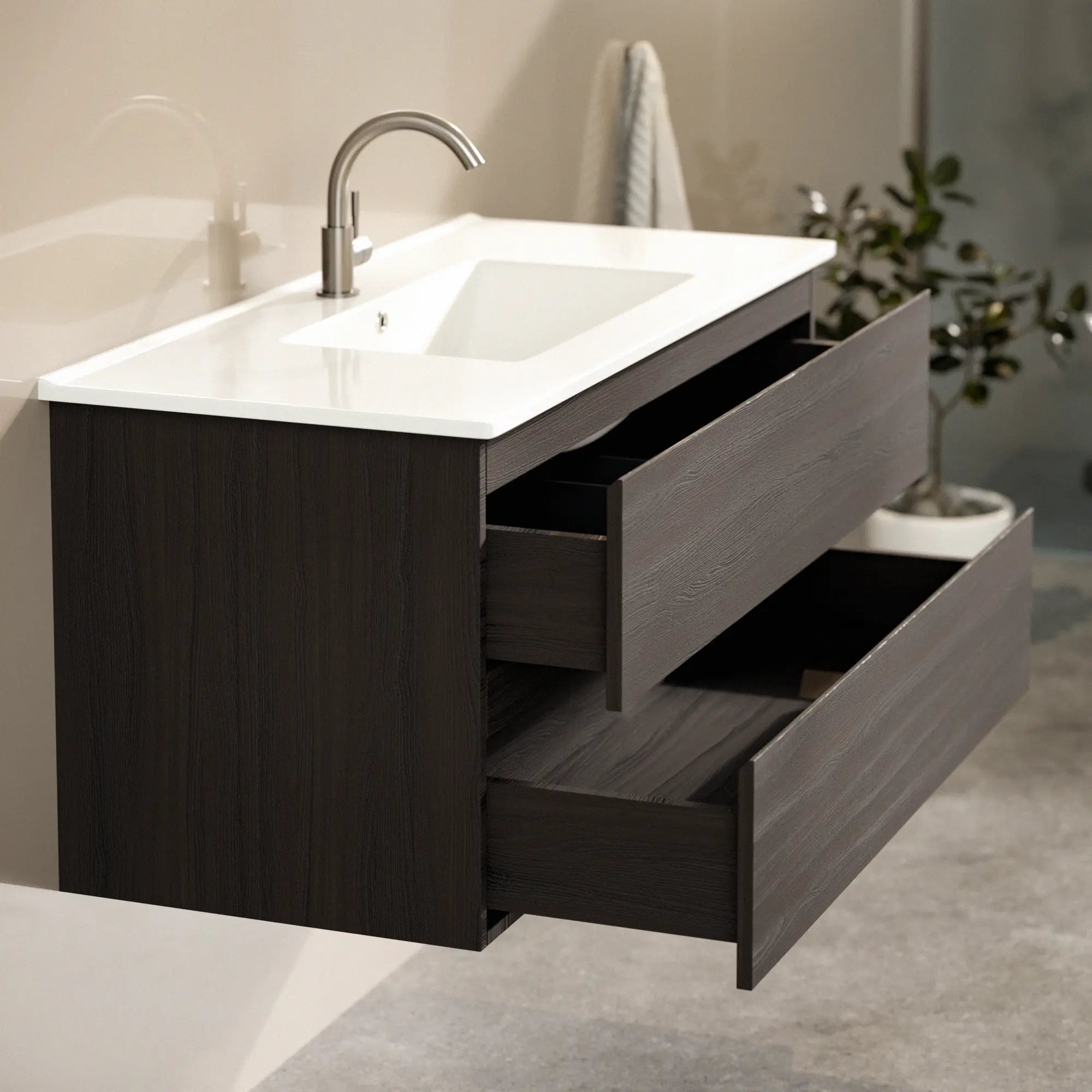 Badezimmermöbel Varo - 100 cm - Walnuss - Weißes Waschbecken - Vorbestellen