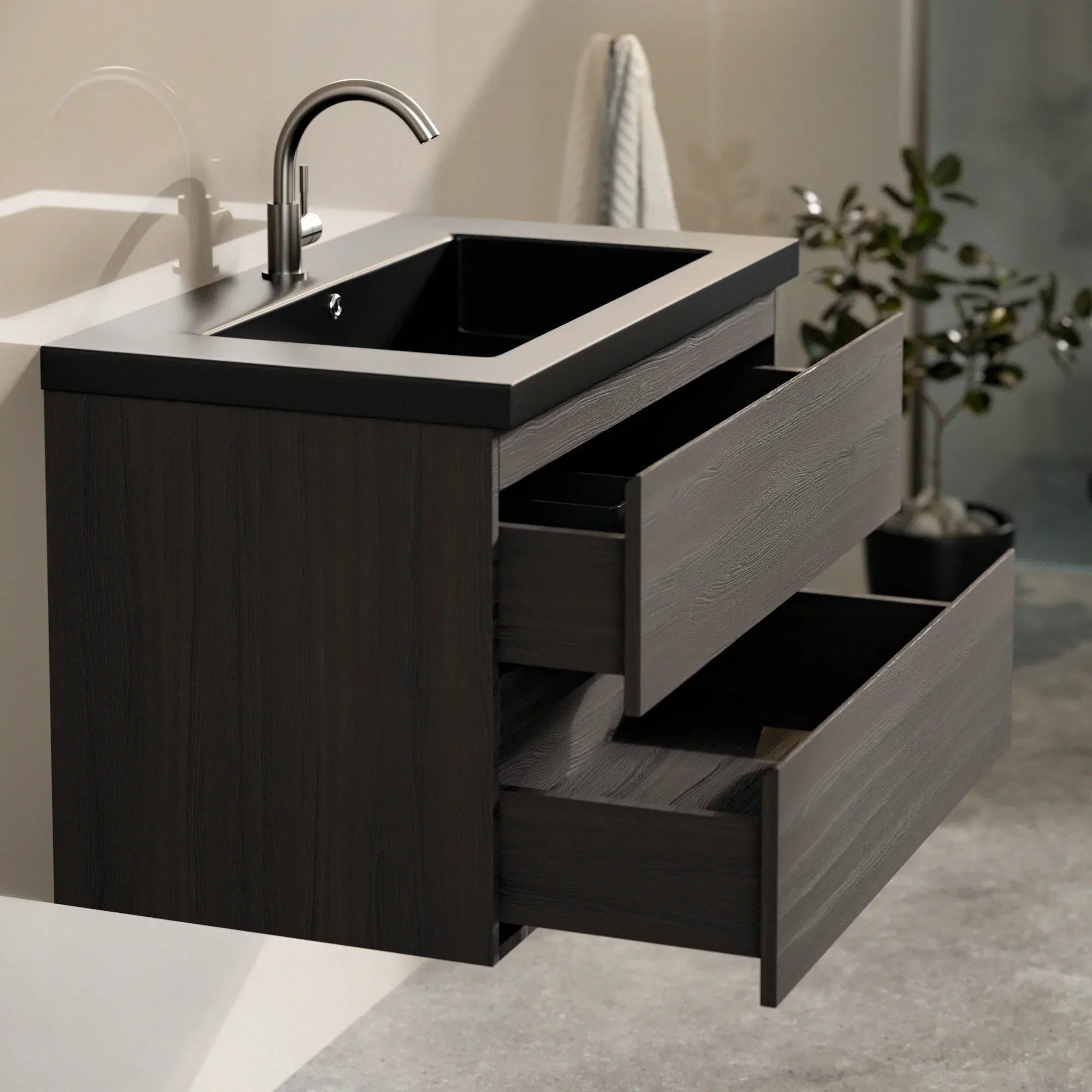 Badezimmermöbel Sova - 80 cm - Walnuss - Waschtisch Weiß