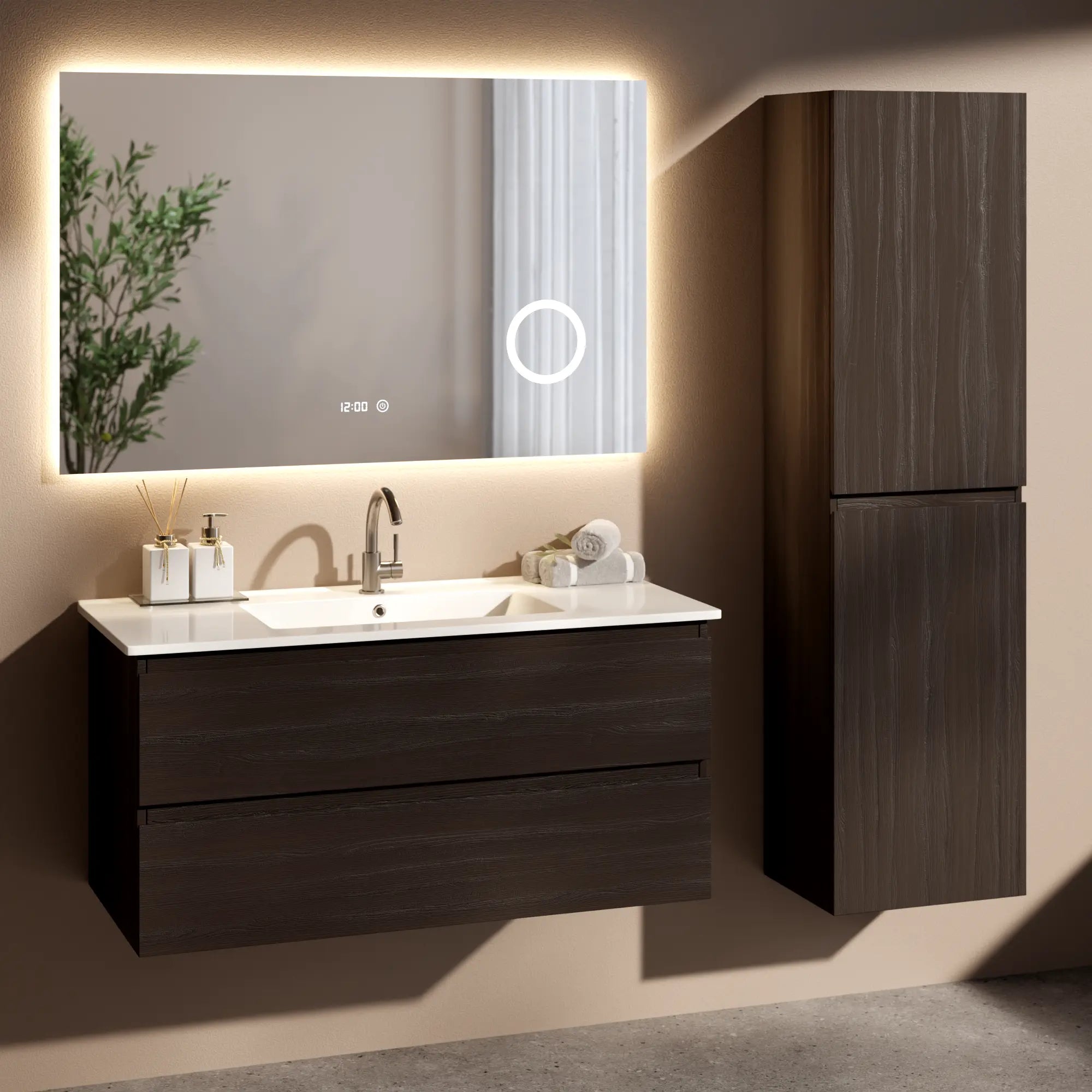 Badezimmermöbel Varo - 100 cm - Walnuss - Weißes Waschbecken - Vorbestellen