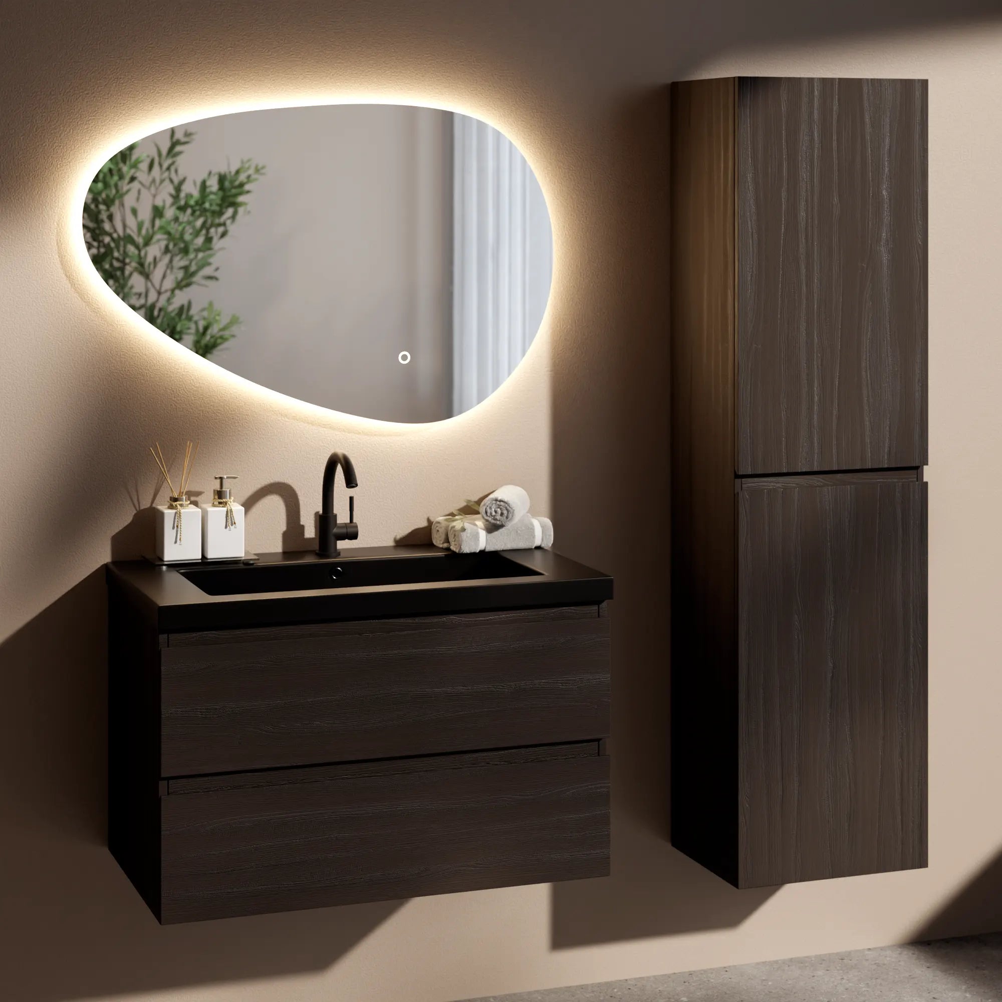 Badezimmermöbel Sova - 80 cm - Walnuss - Waschtisch Weiß