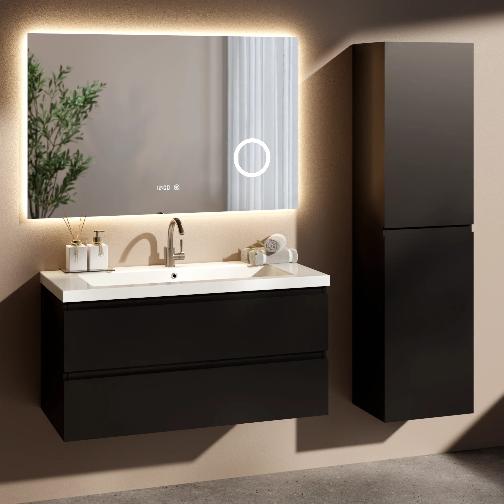 Badezimmermöbel Set Lunaro – 100 cm – Mattschwarz – Weißes Waschbecken