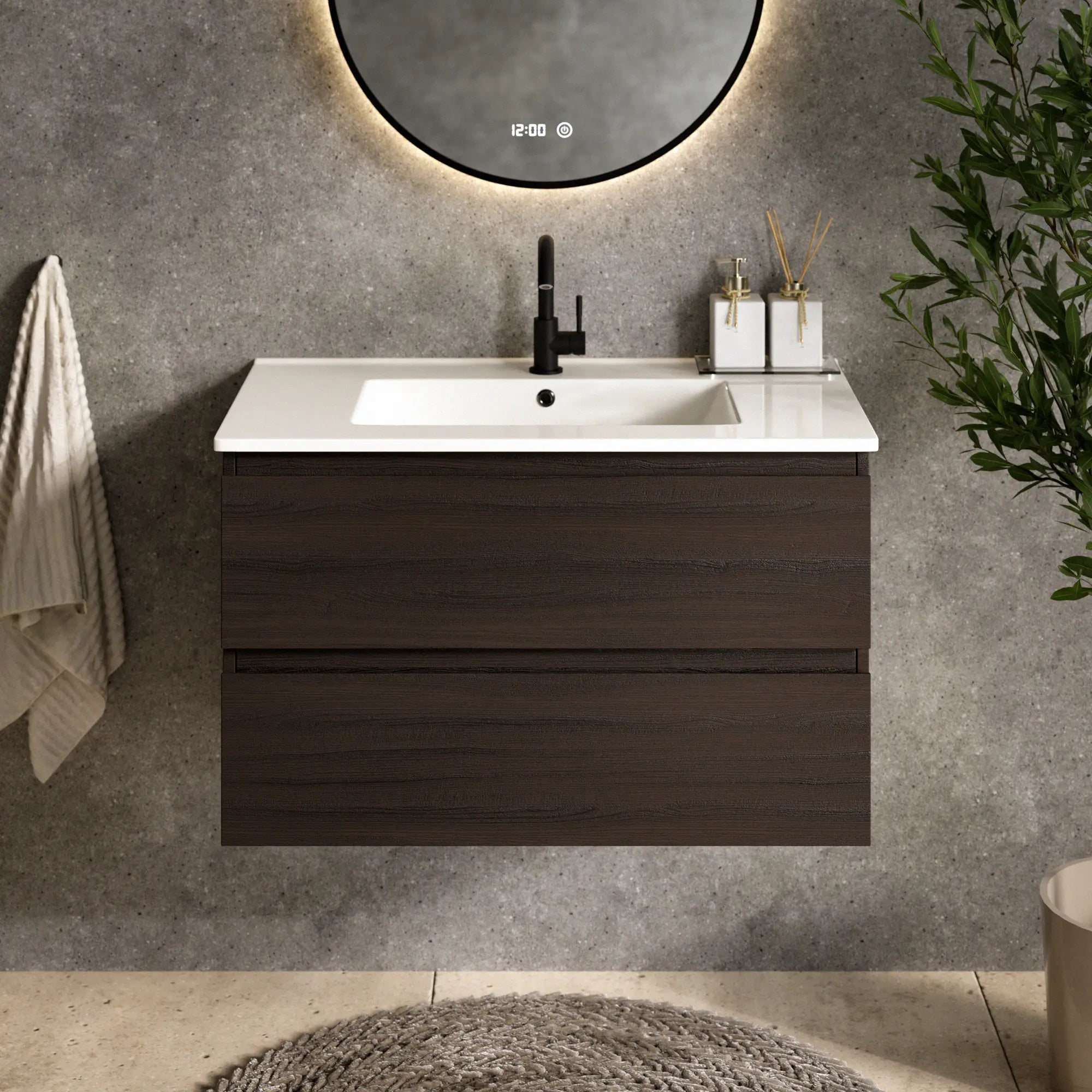Badezimmermöbel Luma - 80 cm - Walnuss - Weißes Waschbecken - Vorbestellen