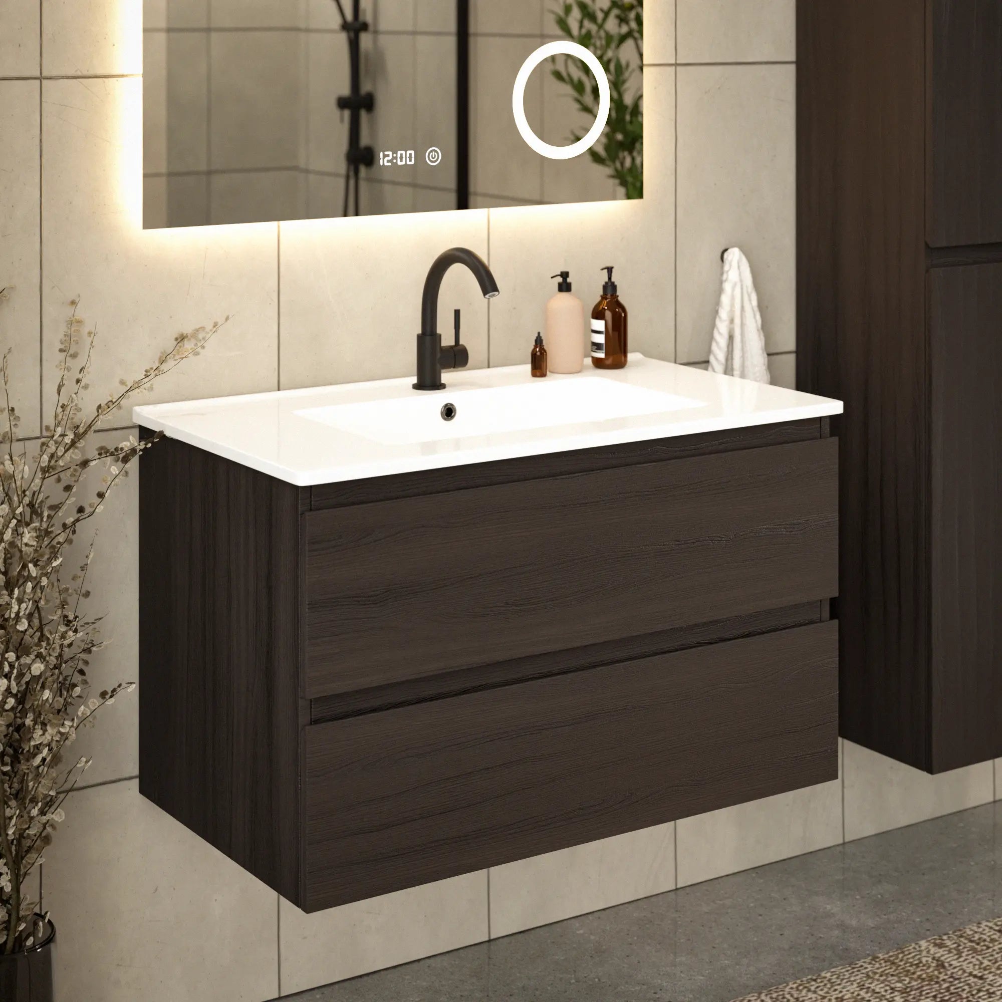 Badezimmermöbel Luma - 80 cm - Walnuss - Weißes Waschbecken - Vorbestellen