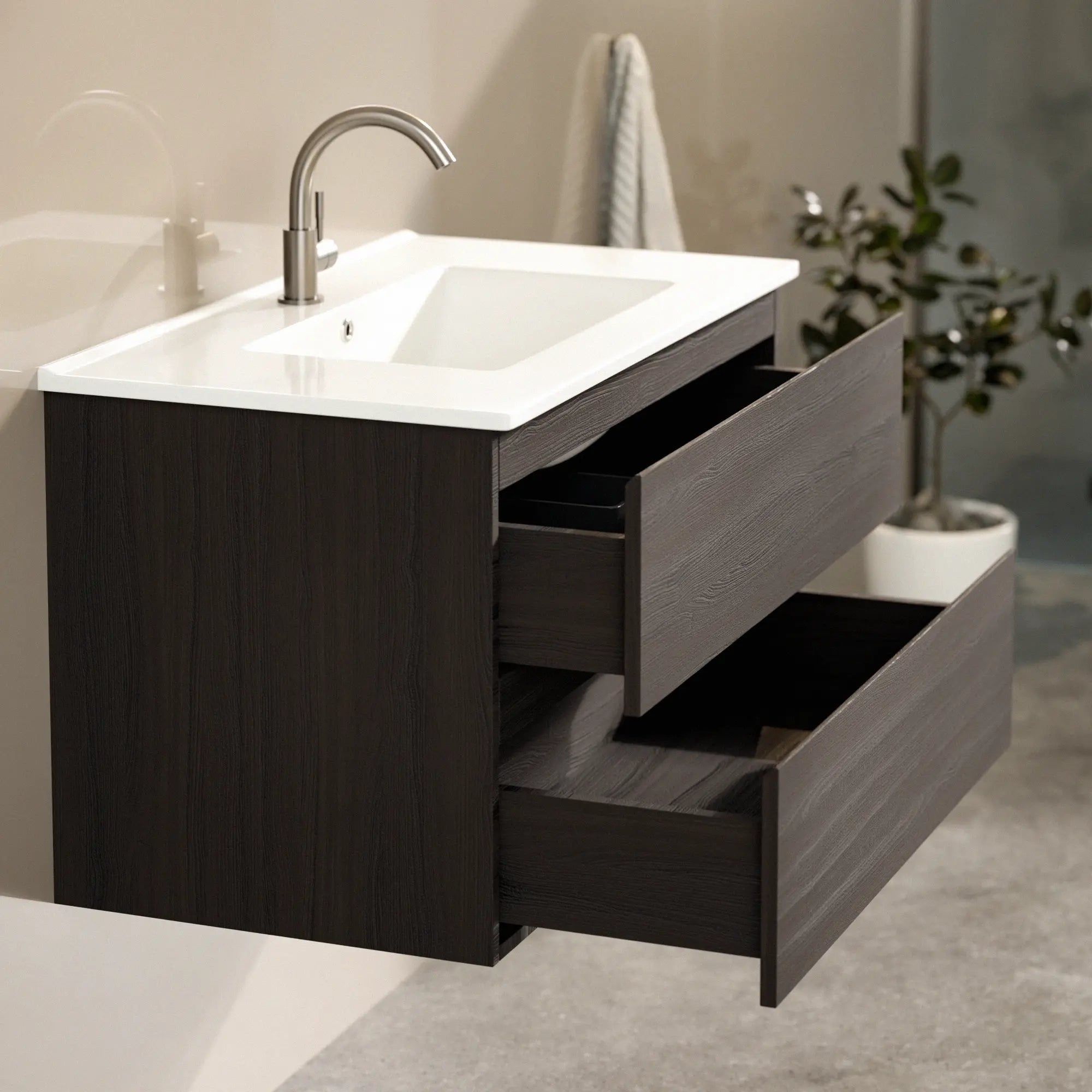 Badezimmermöbel Luma - 80 cm - Walnuss - Weißes Waschbecken - Vorbestellen