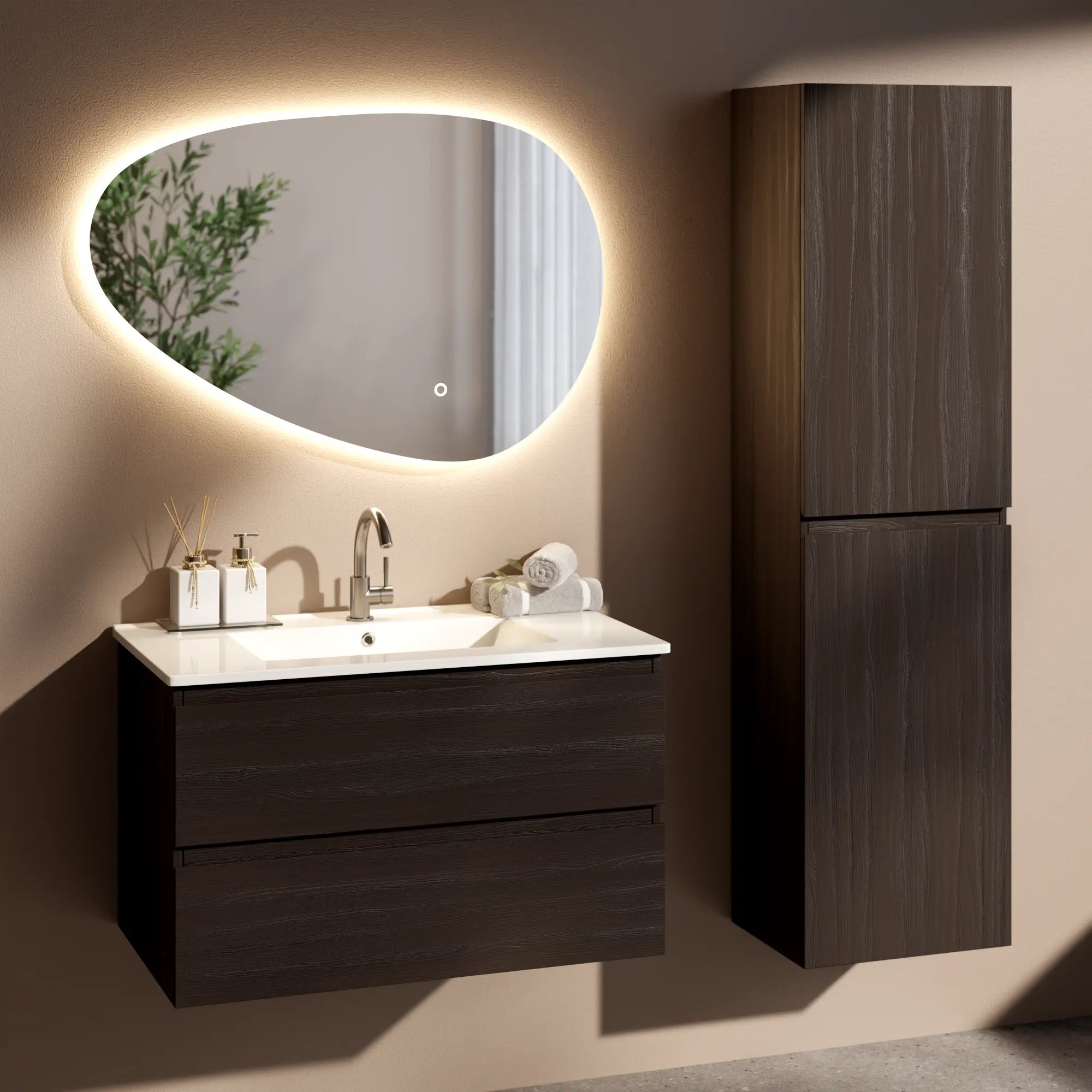Badezimmermöbel Luma - 80 cm - Walnuss - Weißes Waschbecken - Vorbestellen