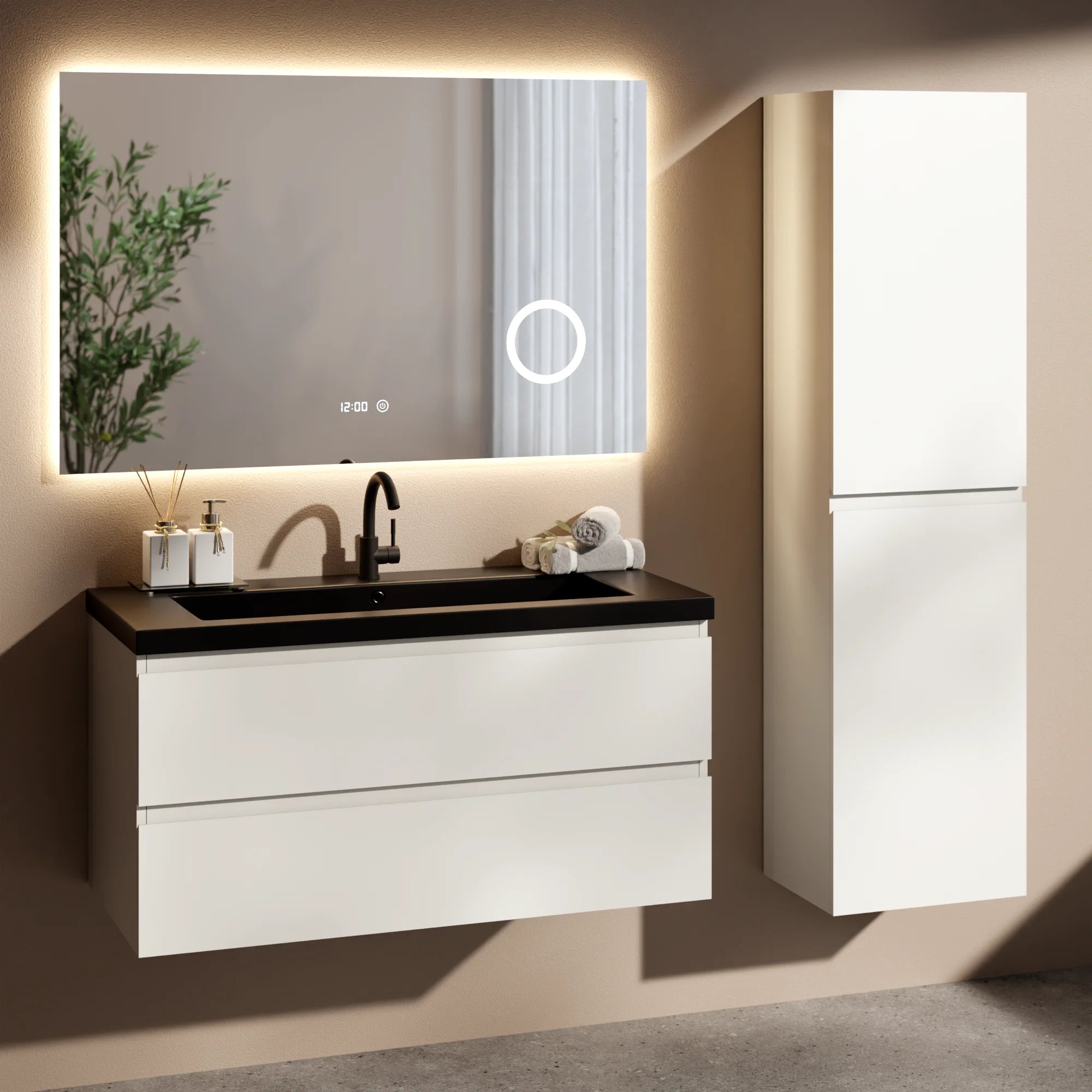 Badezimmermöbel Set Paris – 100 cm – Weiß – Schwarzes Waschbecken