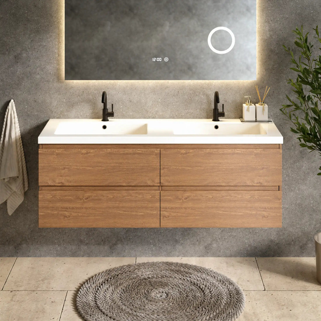 Badezimmermöbel Arato - 140cm - 2 Warm Eiche- Warm Eiche - Waschbecken Weiß