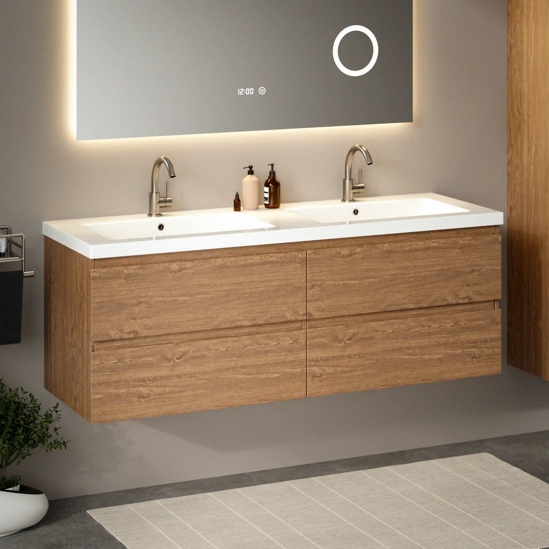 Badezimmermöbel Arato - 140cm - 2 Warm Eiche- Warm Eiche - Waschbecken Weiß