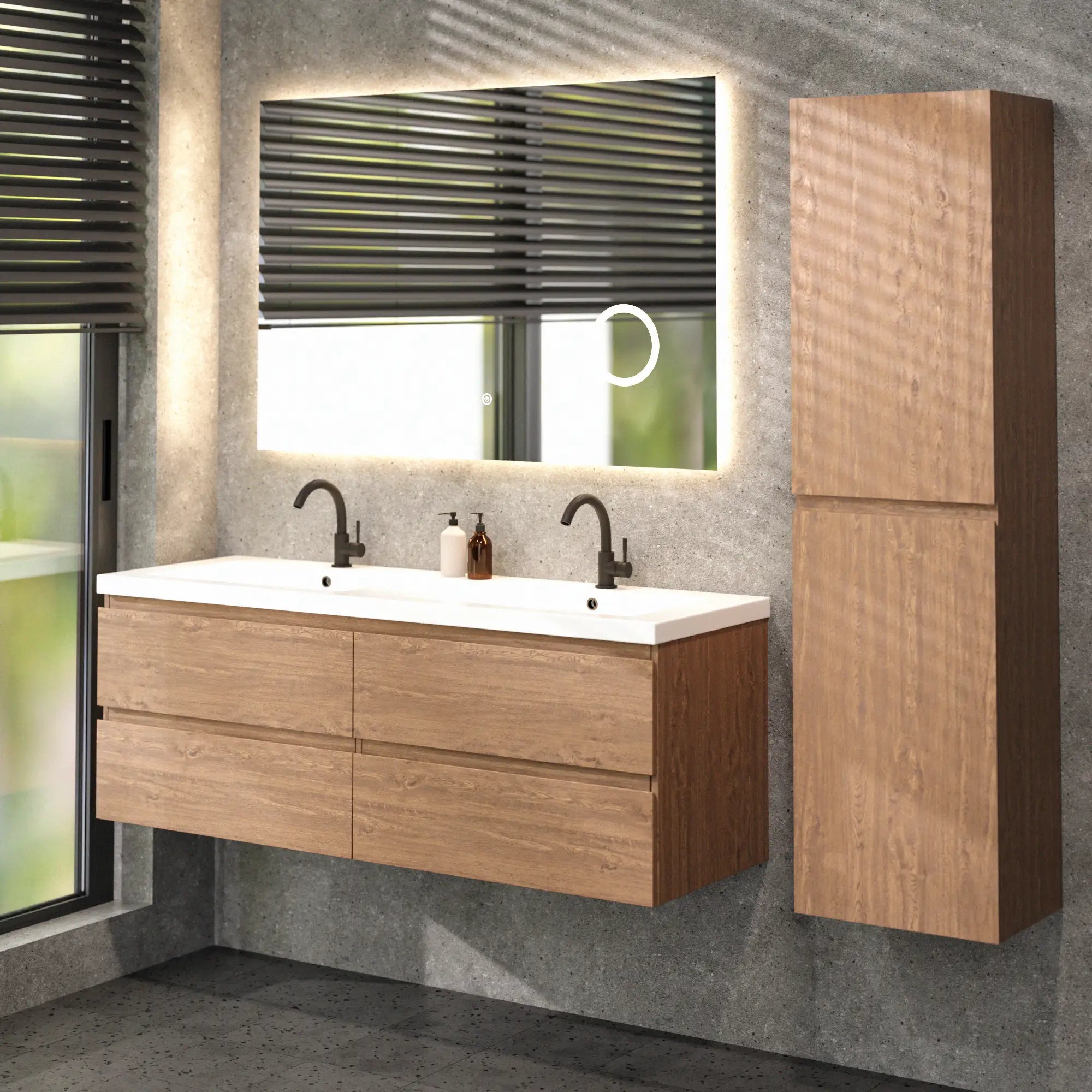 Badezimmermöbel Arato - 140cm - 2 Warm Eiche- Warm Eiche - Waschbecken Weiß