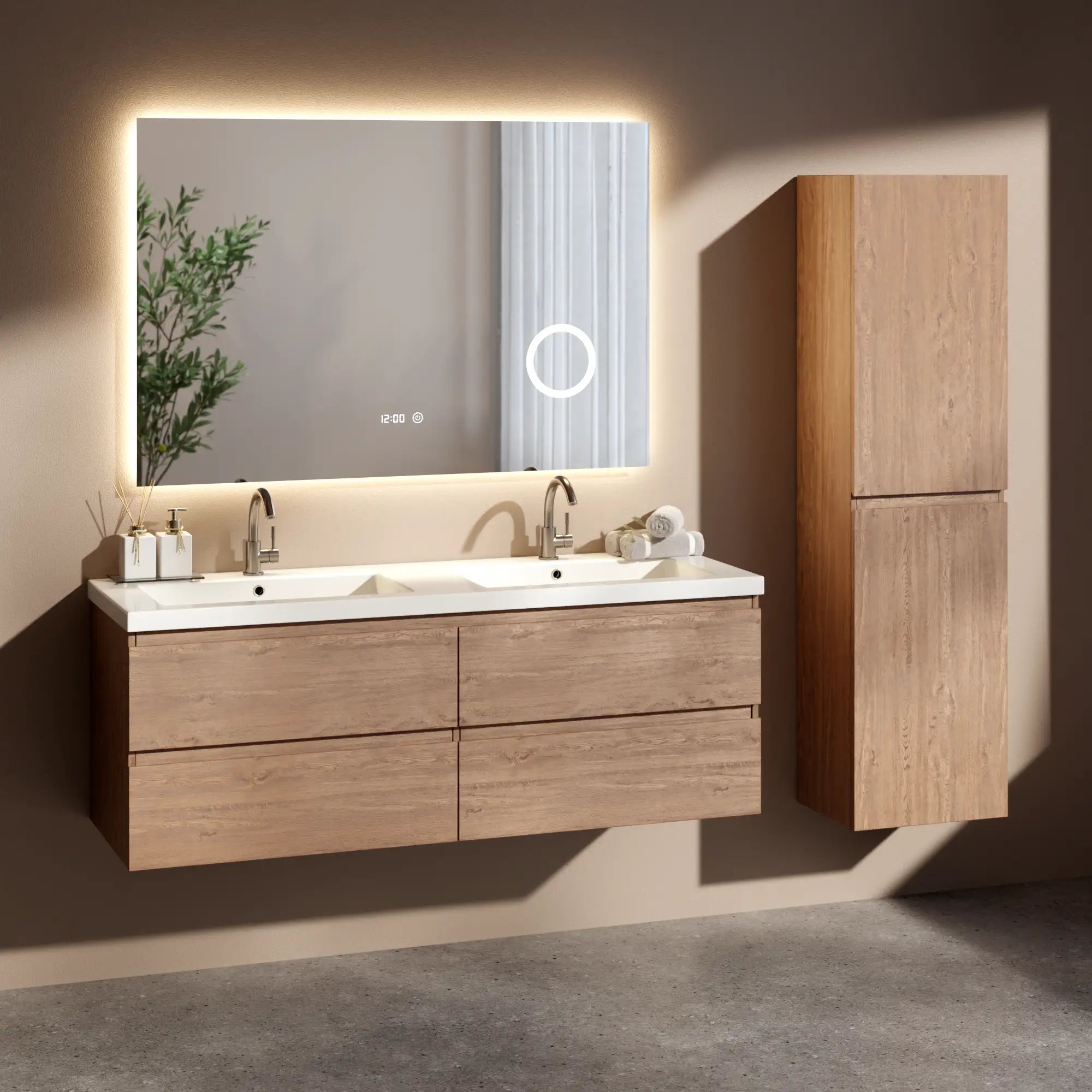 Badezimmermöbel Arato - 140cm - 2 Warm Eiche- Warm Eiche - Waschbecken Weiß